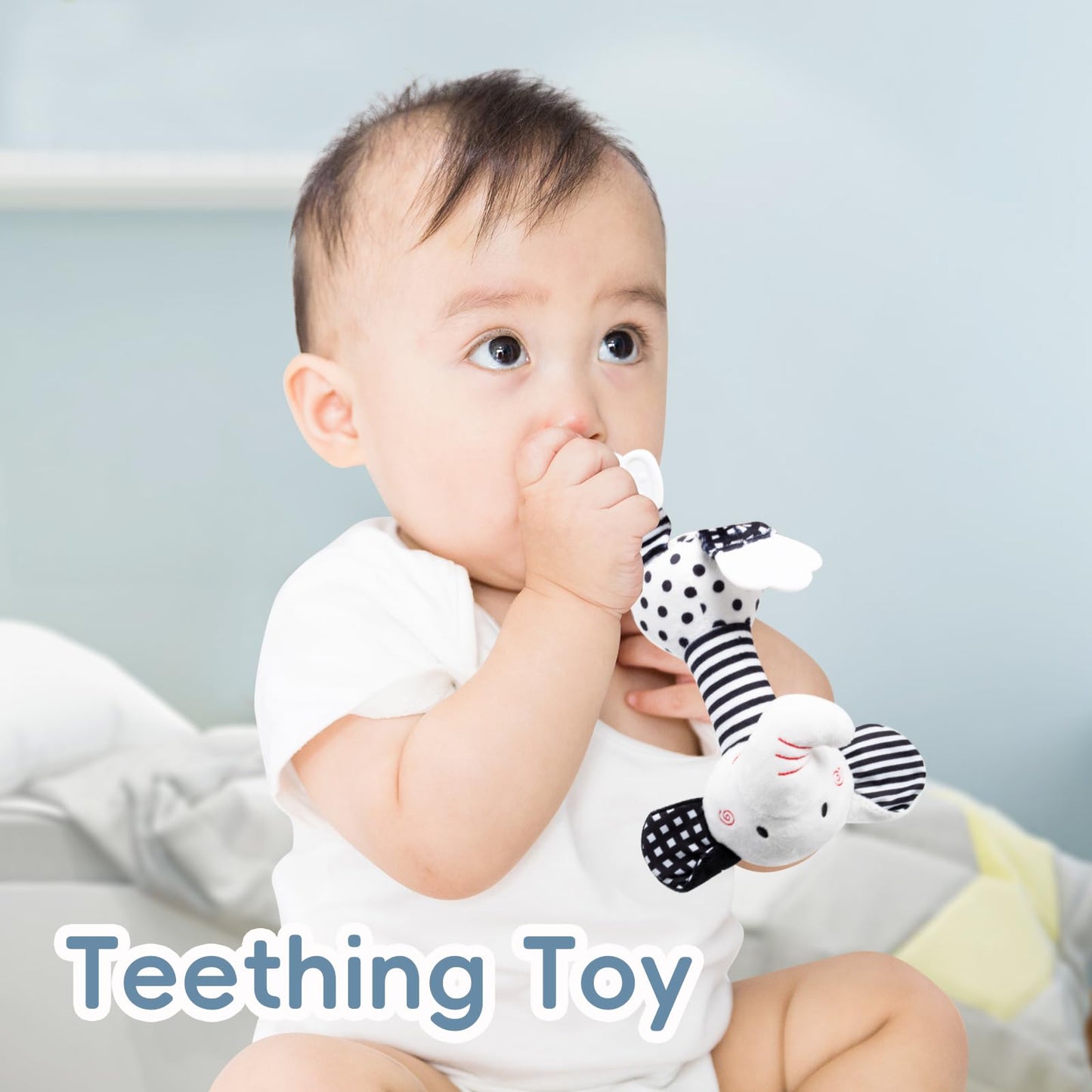 JINBOBUBU Black & White Elephant Baby Toys 0-12 Months - Plush Sensory Rattle with Teether, Wind Chime, BB Squeaker & Embroidery for Visual, Hearing & Cognitive Development