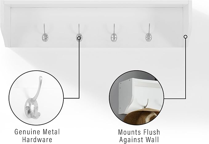 Crosley Furniture Harper Entryway Storage Wall Shelf, with Coat Rack Hooks for Hanging, White