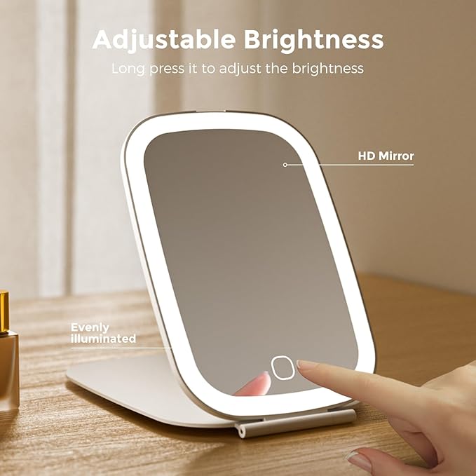 Travel Makeup Mirror, Rechargeable Portable Mirror with Lights, 3 Color Lighting, 7.5 inch Ultra Thin and Lightweight LED Folding Vanity Mirror