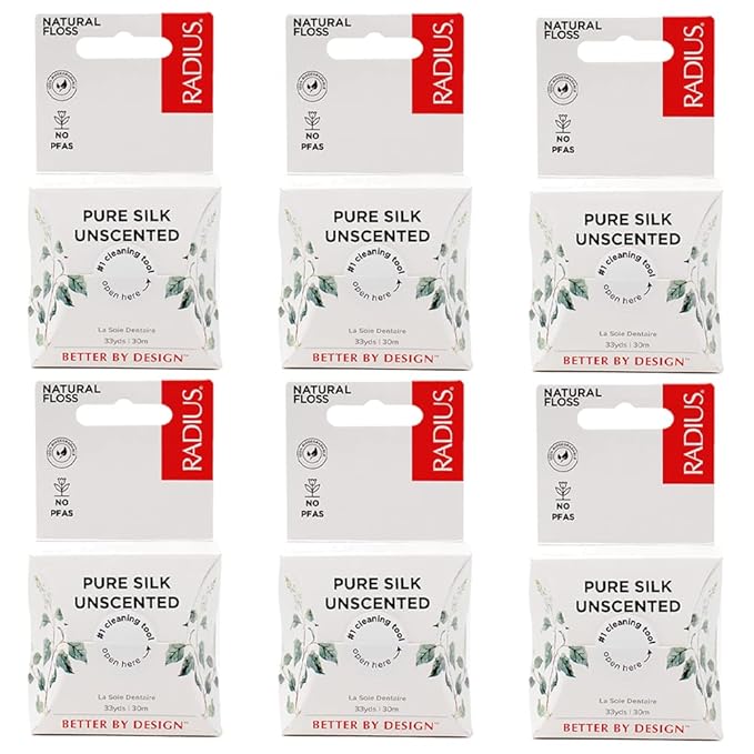 RADIUS Dental Floss, Natural Floss, Unscented Silk, 33 Yards, Compostable & Non-Toxic Oral Care Designed to Help Fight Plaque, Pack of 6