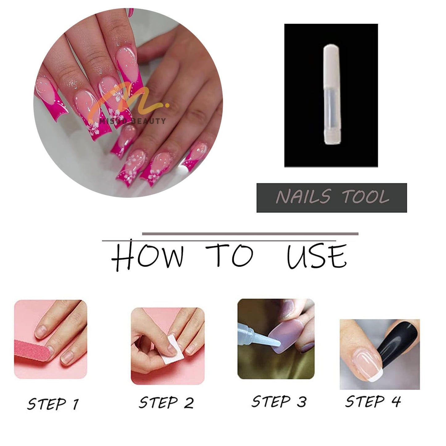 MISUD Press on Nails - Long Square Glue on Nails with Hot Pink, Acrylic Summer Flower Design 24 pcs