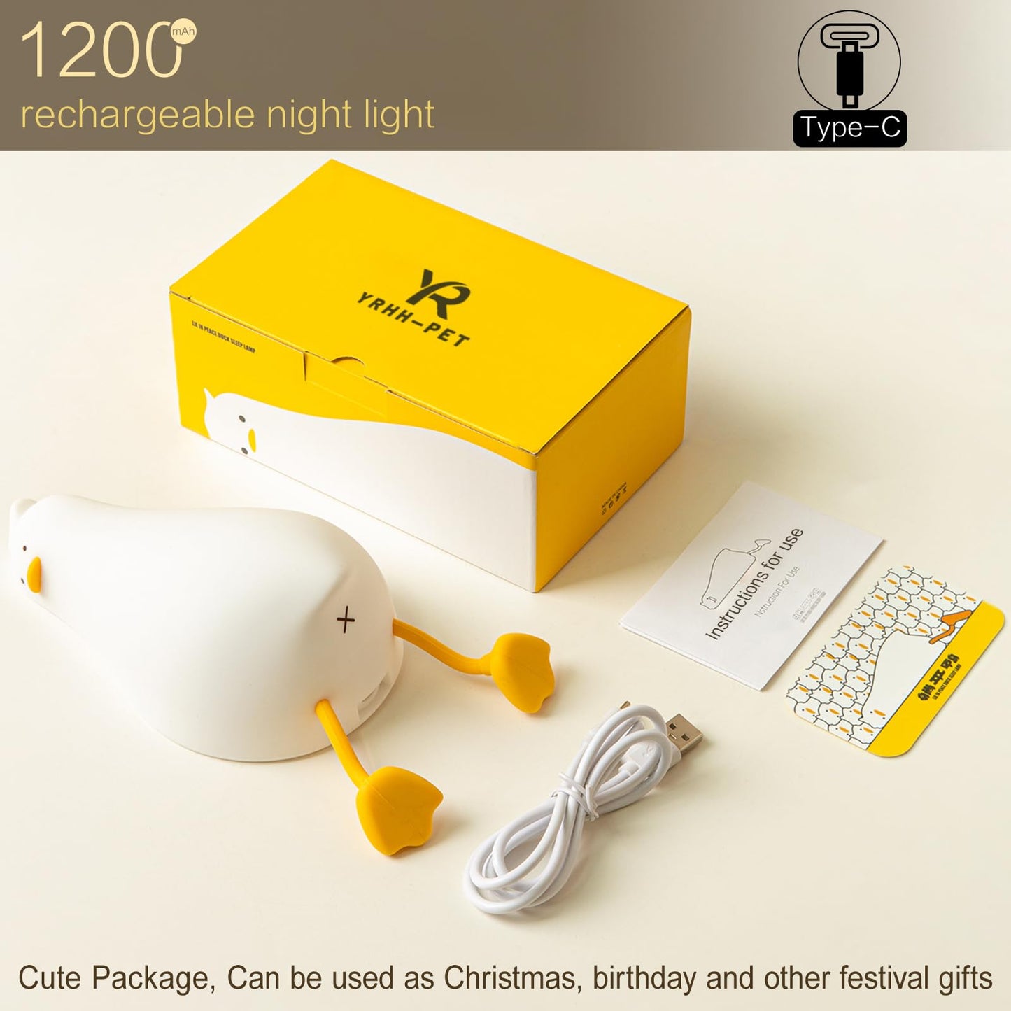 YR YRHH-PET Existential Crisis Duck Lamp, Squishy Kids Cute Lying Flat Duck Night Light, Rechargeable Ducky Lay Touch Lamp, College White Elephant Gifts, Mom Mothers Day Gift, Fun Decor, Safe Silicone