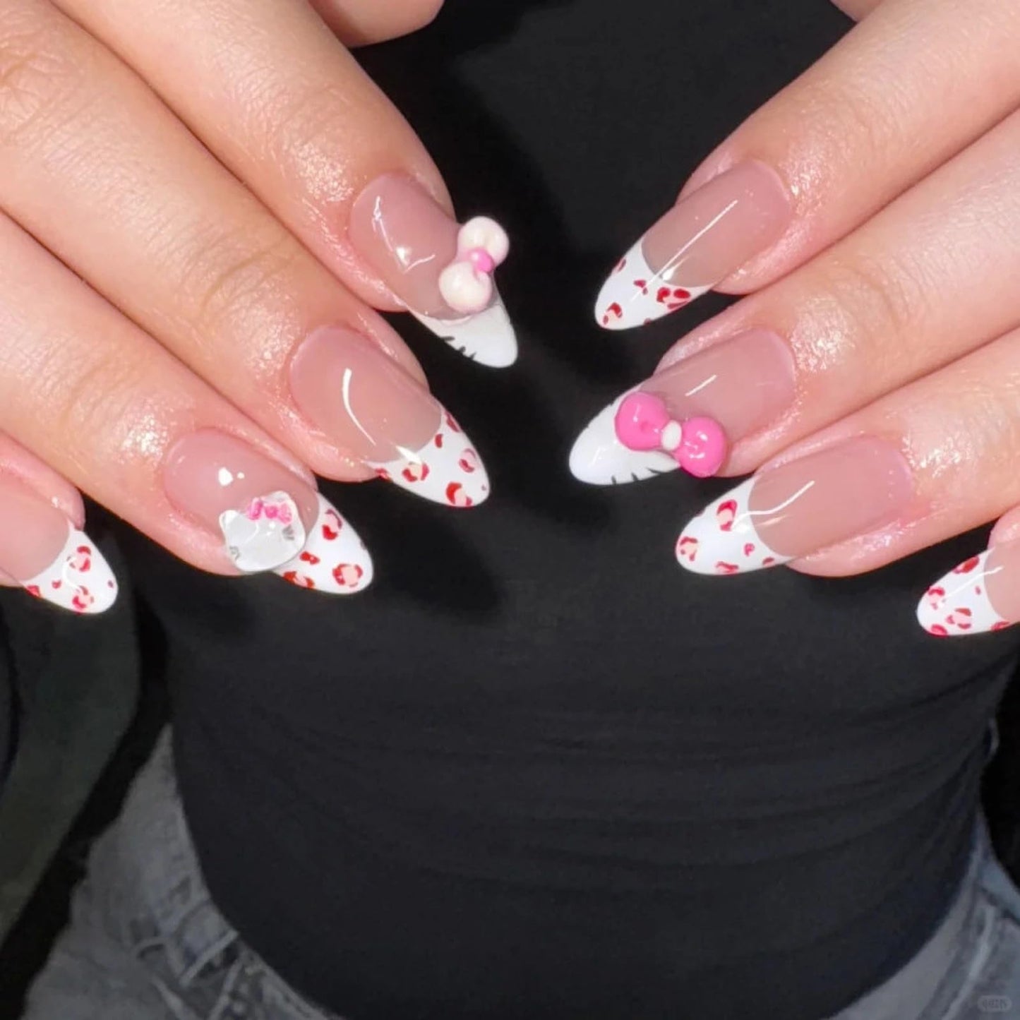 MISUD Press on Nails - Medium Almond Glue on Nails with Pink Cheetah, Acrylic Cute Cat Design 24 pcs