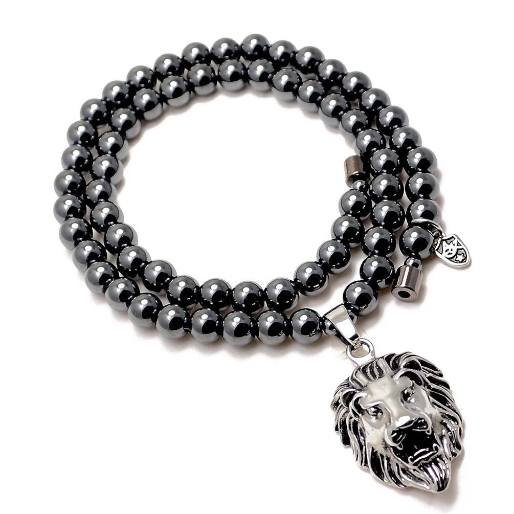 Accents Kingdom Men's Hematite Therapy & Healing Stone Round Bead Necklace With Stainless Steel Lion Head Pendant 20"