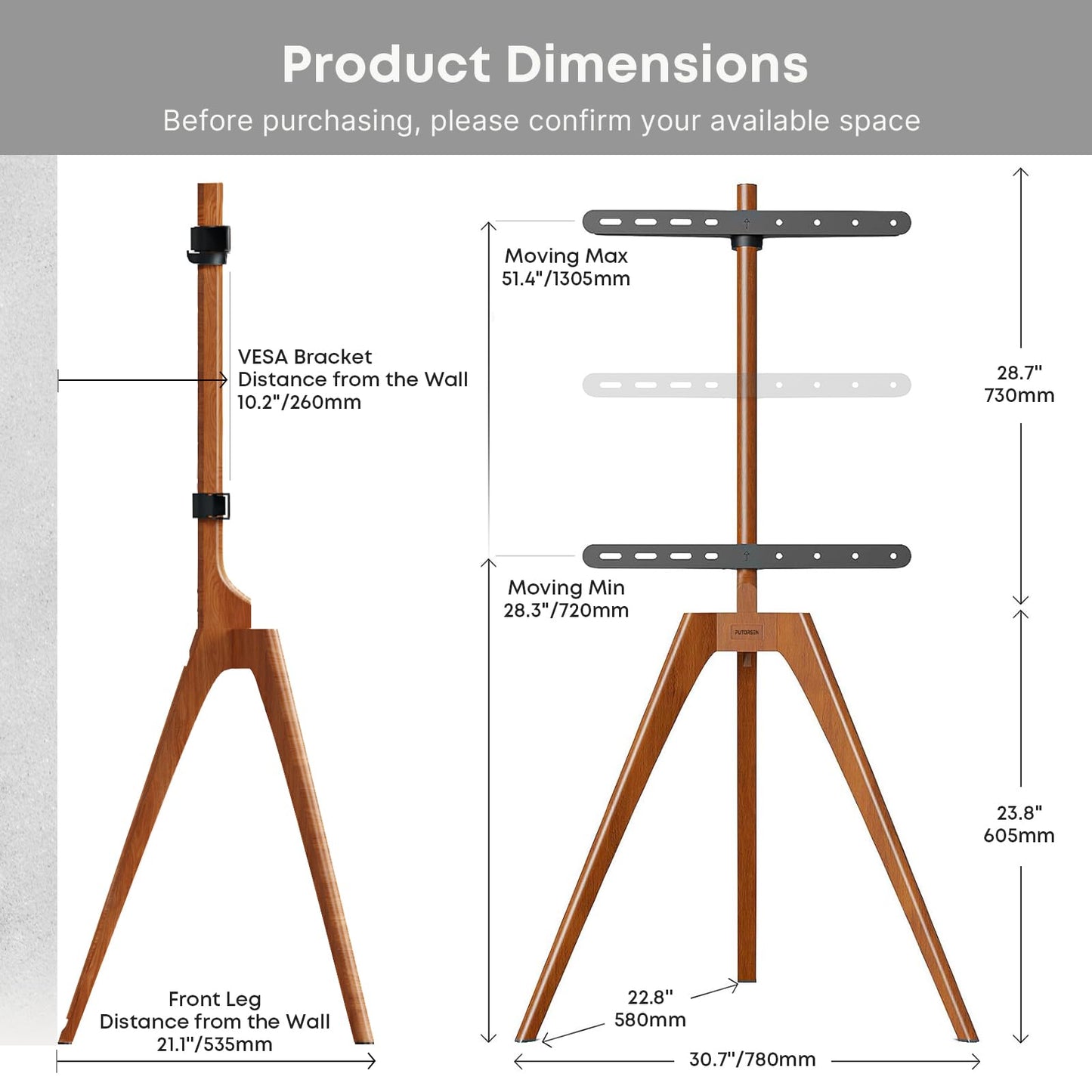 PUTORSEN Premium Wood Easel TV Stand, Adjustable TV Tripod Stand for 45-65 Inch LED LCD Screen, with Top TV Shelf and Magnetic Concealed Cable Management, Max Load 88lbs, Walnut