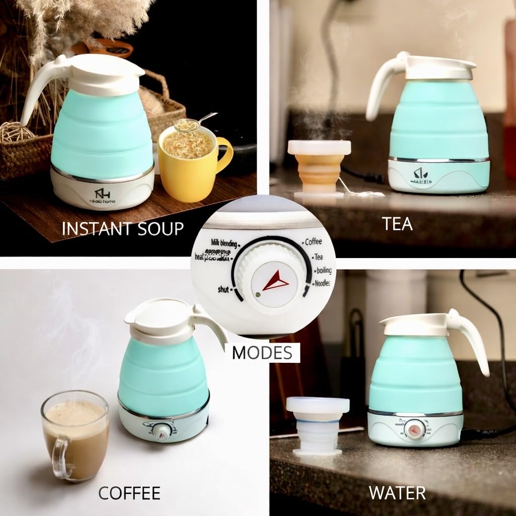 Nikao Home Foldable Electric Kettle With Milk Frother and Foldable Cup – Travel kettle, Portable Tea Kettle for Travel, Mini Collapsible Water Warmer, Compact Design and Quick Heating. (Aqua Blue)