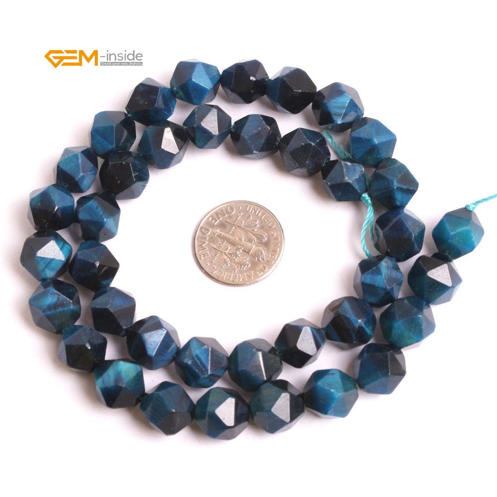 GEM-Inside 10mm Tiger Eyes Gemstone Loose Beads Faceted Dyed Blue Cambay Crystal Energy Stone Power for Jewelry Making 15"