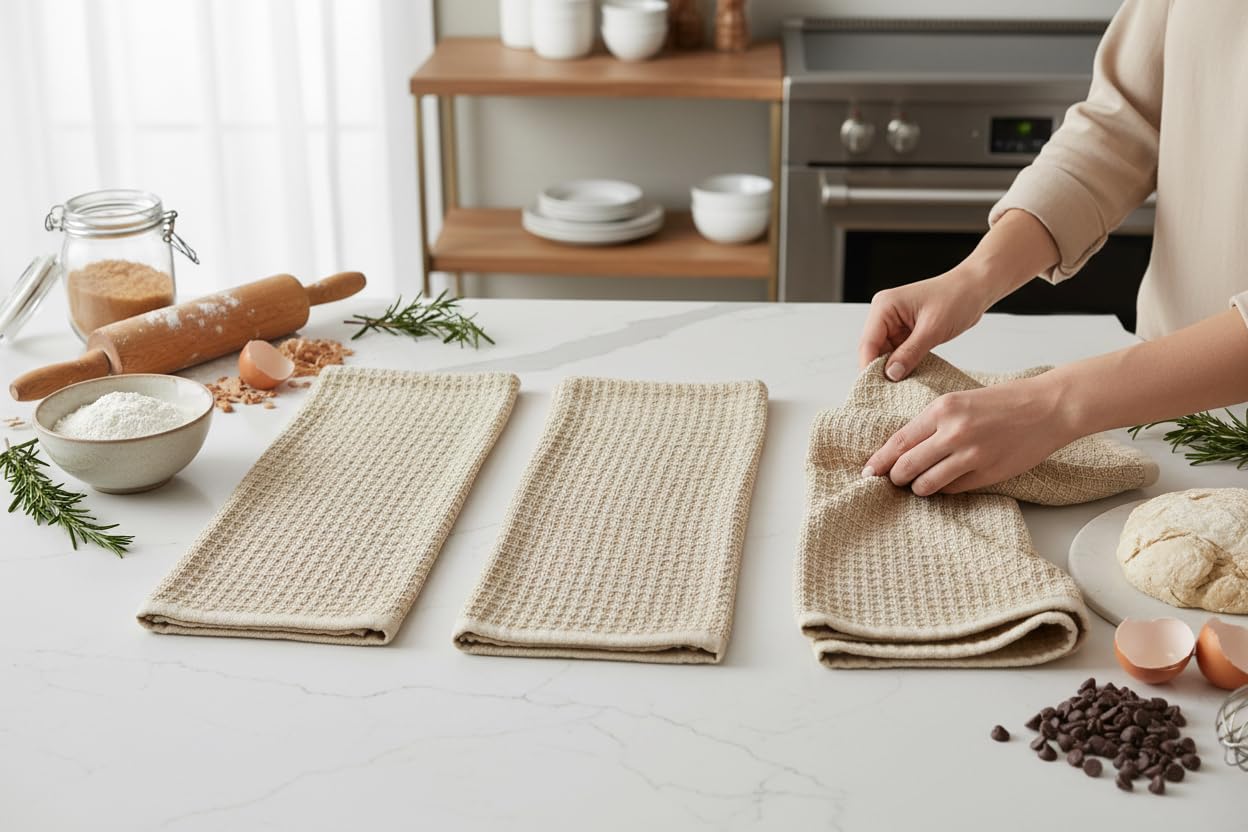 Serafina Home Tan Beige Kitchen Dish Hand Towels 100% Cotton Waffle Cloth Soft Cleaning Drying Absorbent Terry Box Loop: Set of 3 Multipurpose for Everyday Use Oversized 16" x 28"