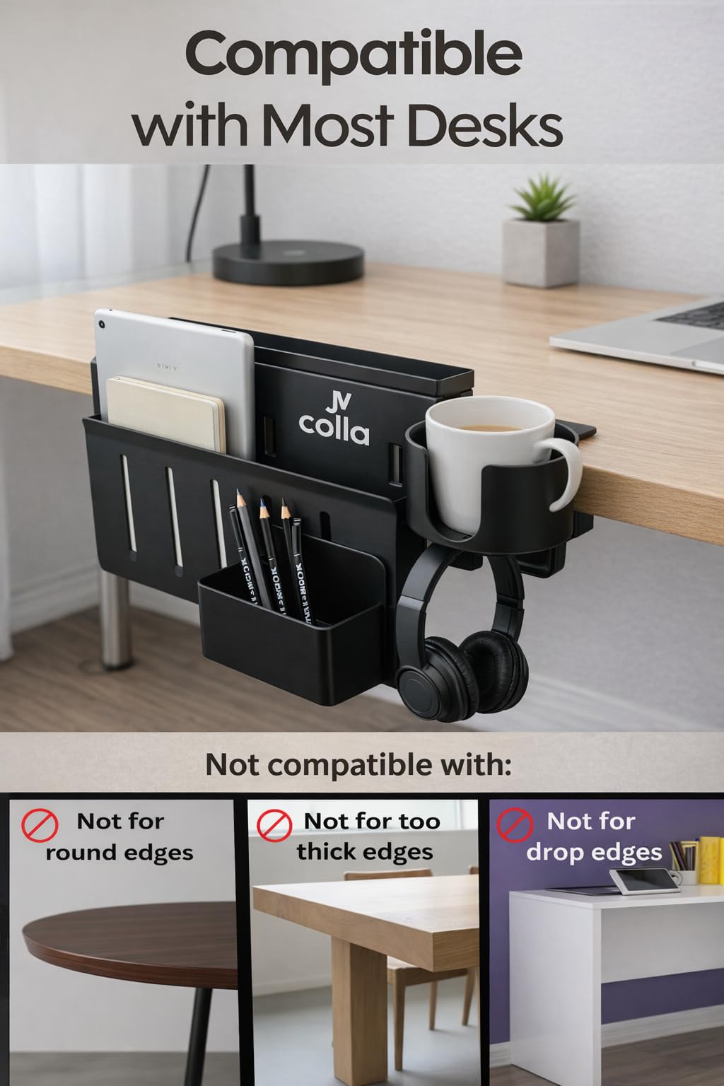 JVCOLLA Desk Side Storage Organizer Clamp On – Side Desk Organizer Kit with Cup Holder, Magnetic Cable Organizer & Accessory Magnet, Hanging Desk Organizer for Home Office & Standing Desk