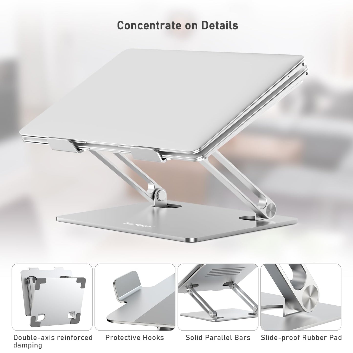 BoYata Laptop Stand, Adjustable Laptop Riser with Slide-Proof Silicone and Protective Hooks, Aluminum Notebook Stand for Laptop up to 15 Inches, Laptop Holder Compatible for MacBook (Silver-2)