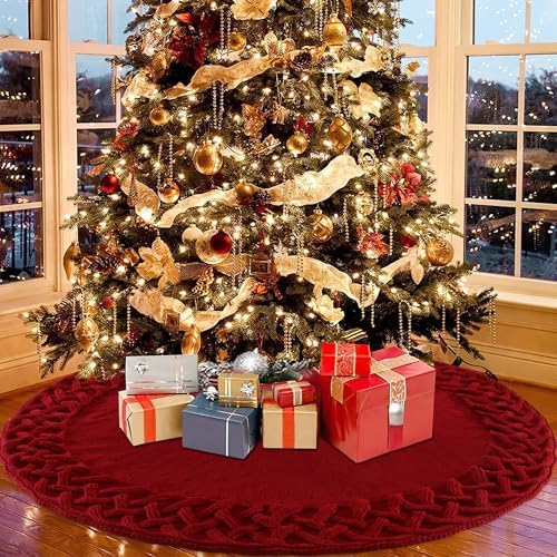 TOCHGREEN Red Knitted Christmas Tree Skirt 36 inches Chunky Cable Knit Thick Rustic Christmas Tree Mat Farmhouse Decor Xmas Tree Base Cover for Home Holiday New Year Party Decor (Red, 36inch)