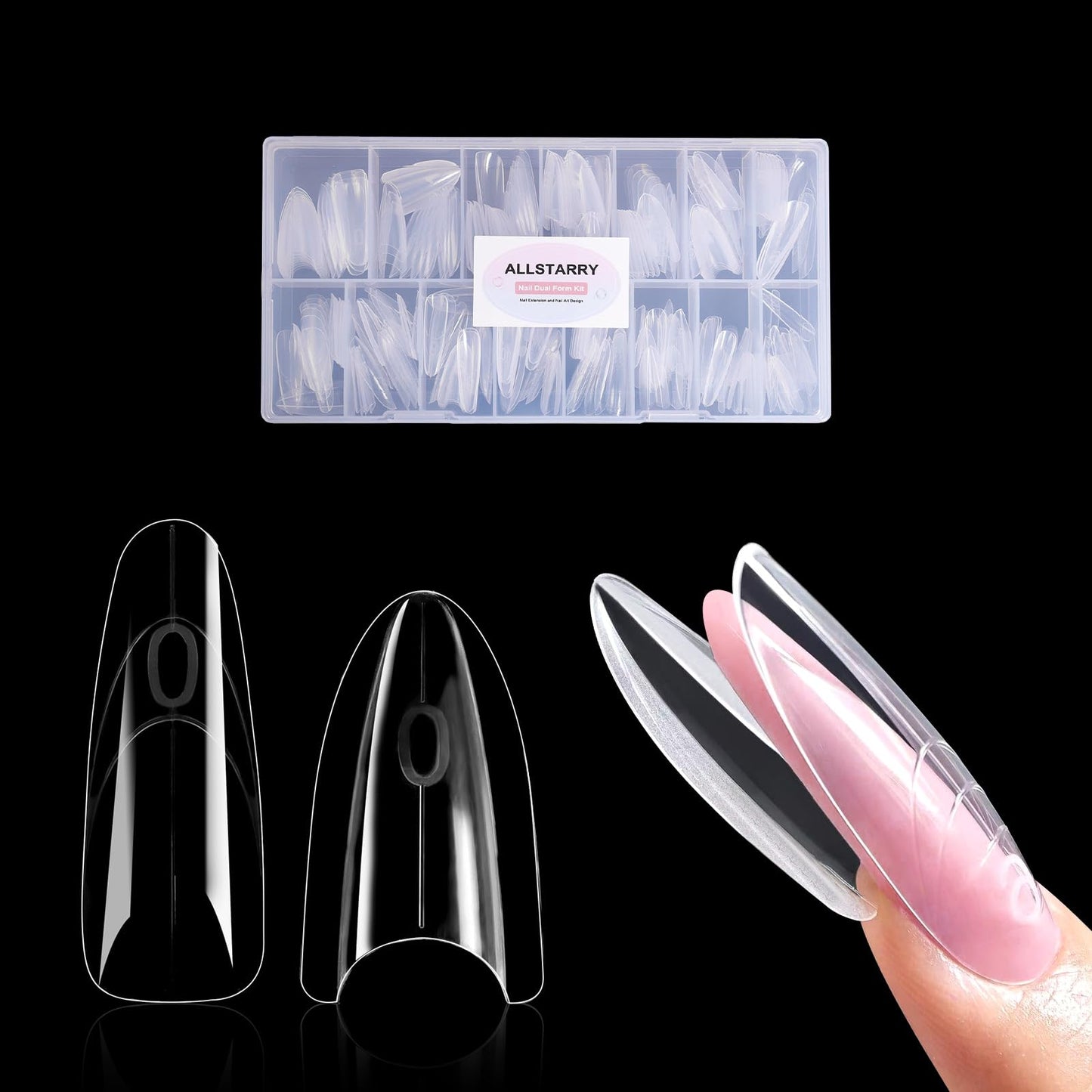 Allstarry Sandwich Dual Nail Forms, Reusable Sandwich Dual Forms 240pcs 15 Sizes Almond Round Nail Extensions Plastic Poly Gel Nails Forms for Builder Gel No Paper Forms Needed Moldes Dual Nails Molds