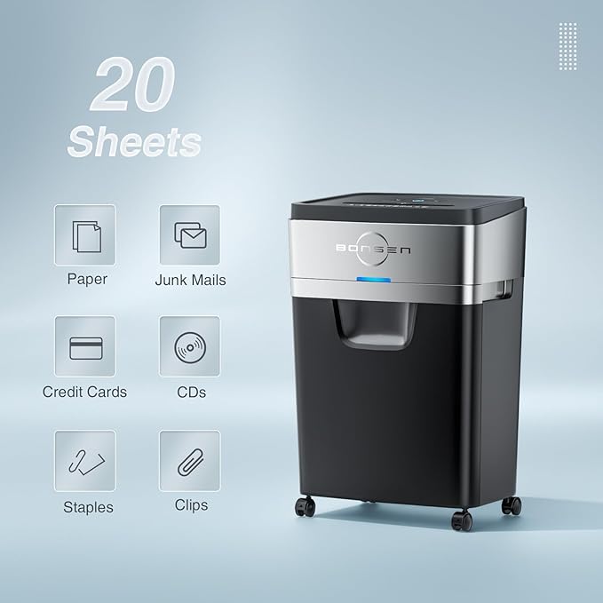 BONSEN Paper Shredder, 20-Sheet 60 Mins Nonstop Heavy Duty Paper Shredder for Office, 60dB Ultra Quiet Cross-Cut Shredder with 6.6 Gals Basket, Anti-Jam CD and Credit Shredder for Home Office (S3104)