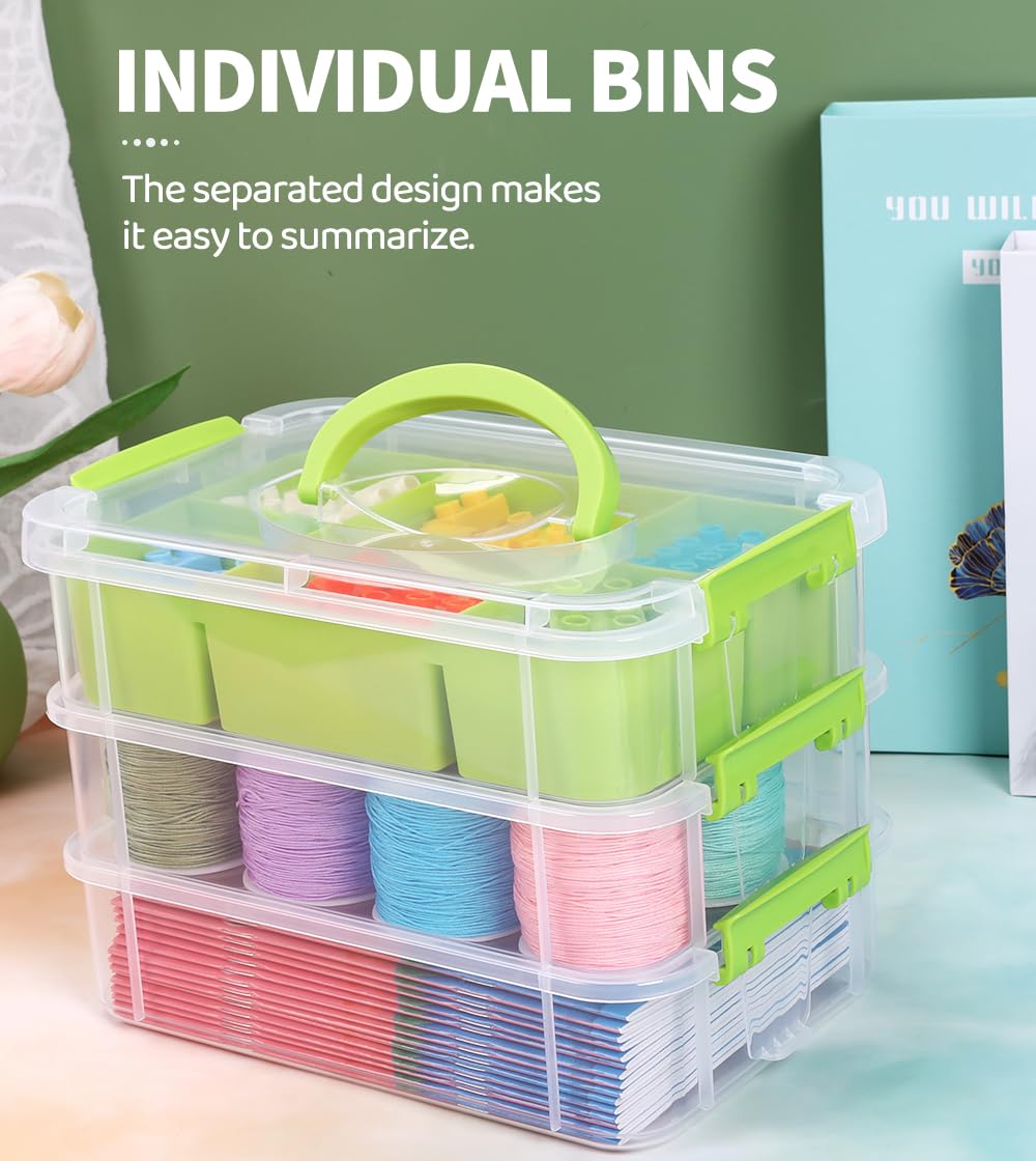 Eppingwin 3 Layers Craft Storage Box, Storage Bins with Lids, Plastic Storage Container Box with Removable Bin, Organizer for Tools, Beads, Sewing (Green)