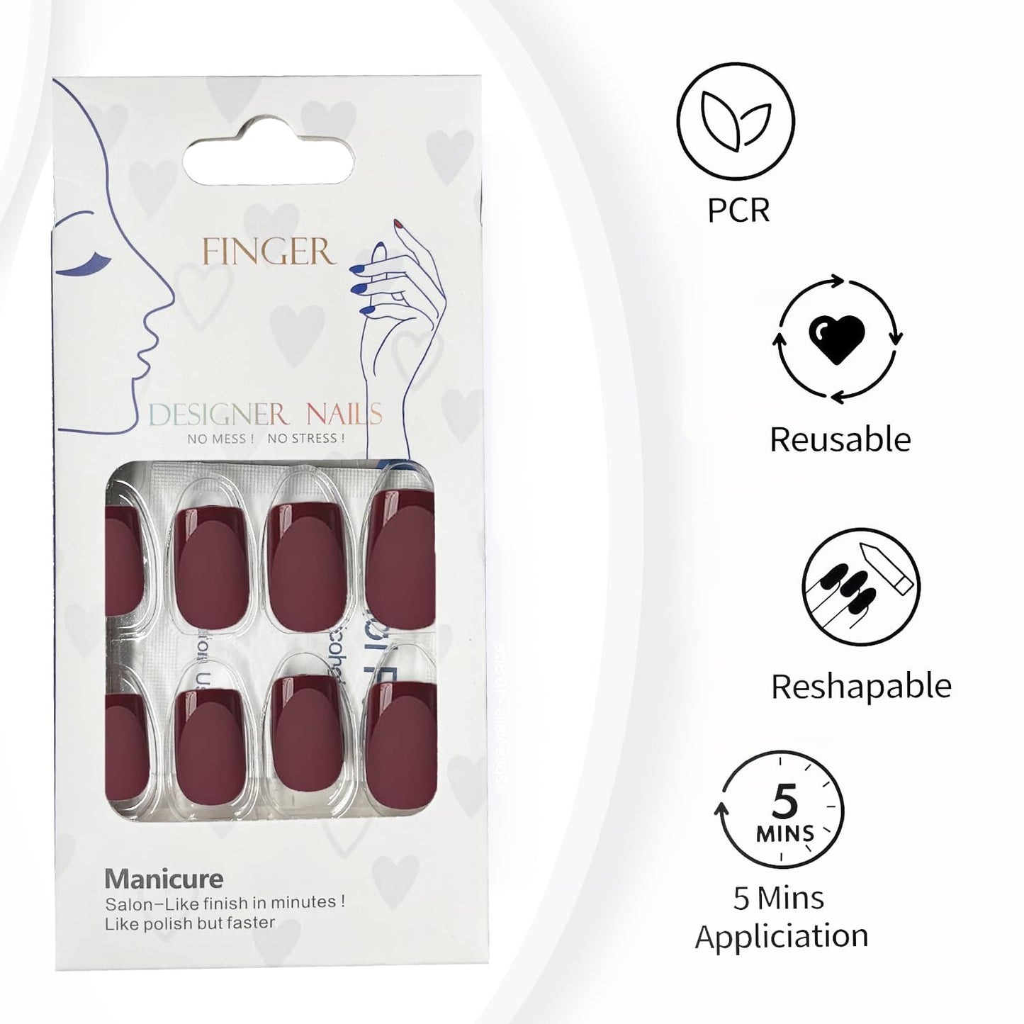 Dark Red Press On Nails Square -Short Red Nails with Glossy French Tips in a Matte Finish 16 Sizes - 32 Nail Kit with Glue