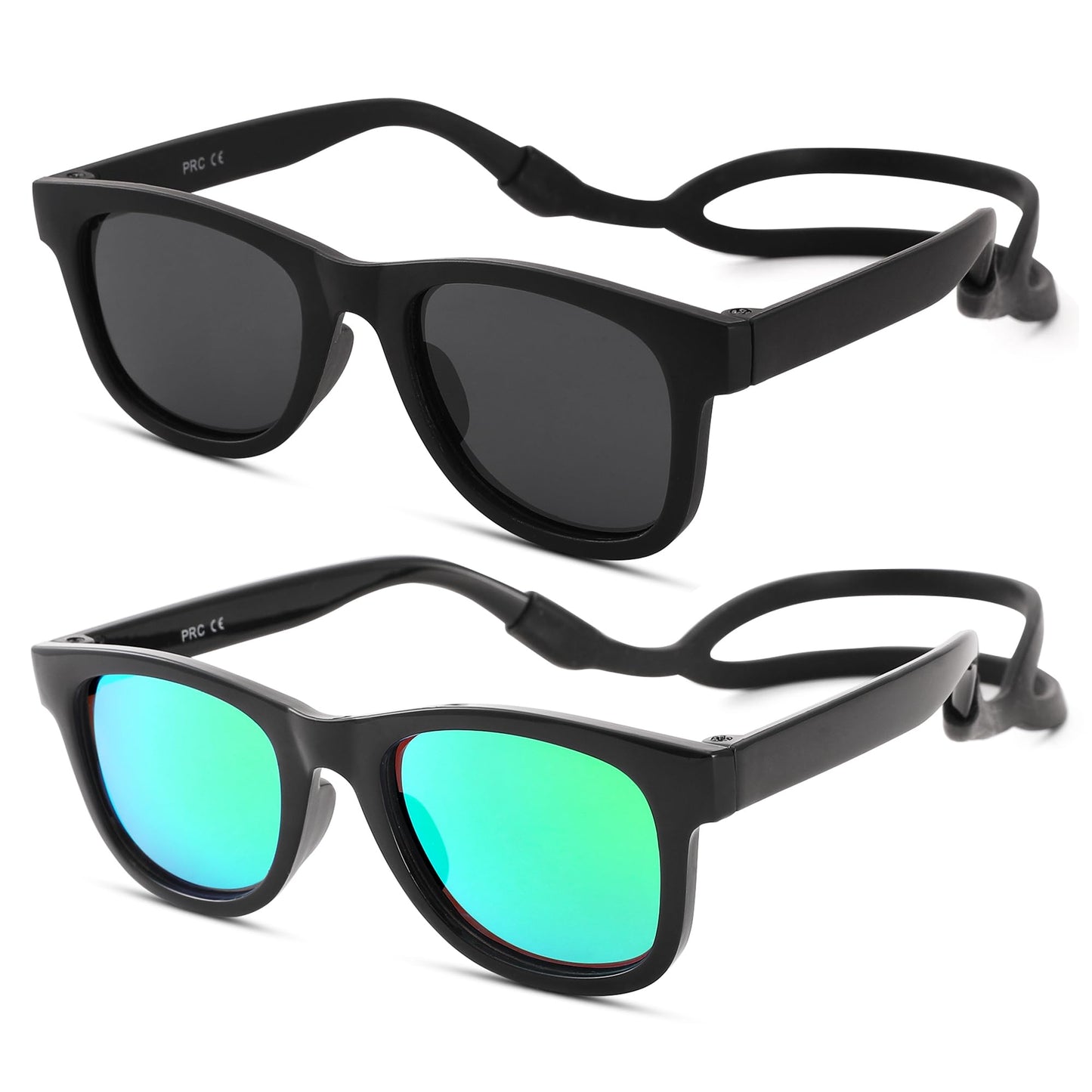 Hycredi Flexible Bendable Baby Polarized Sunglasses with Strap for Newborn Infant Boys Girls Age 0-18 Months-Matte Black/Grey+ Black/Green Mirror