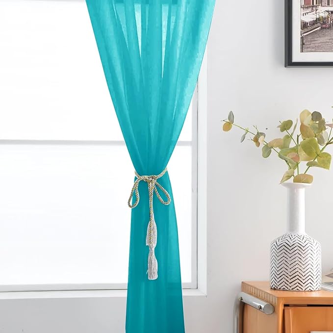 SpaceDresser Sheer Voile Window Treatment Rod Pocket Curtain Panels for Kitchen Bedroom Living Room Drapes Sunlight Filtering Privacy Semi Home Decor Assorted (Peacock Blue, 52 W x 84 L)