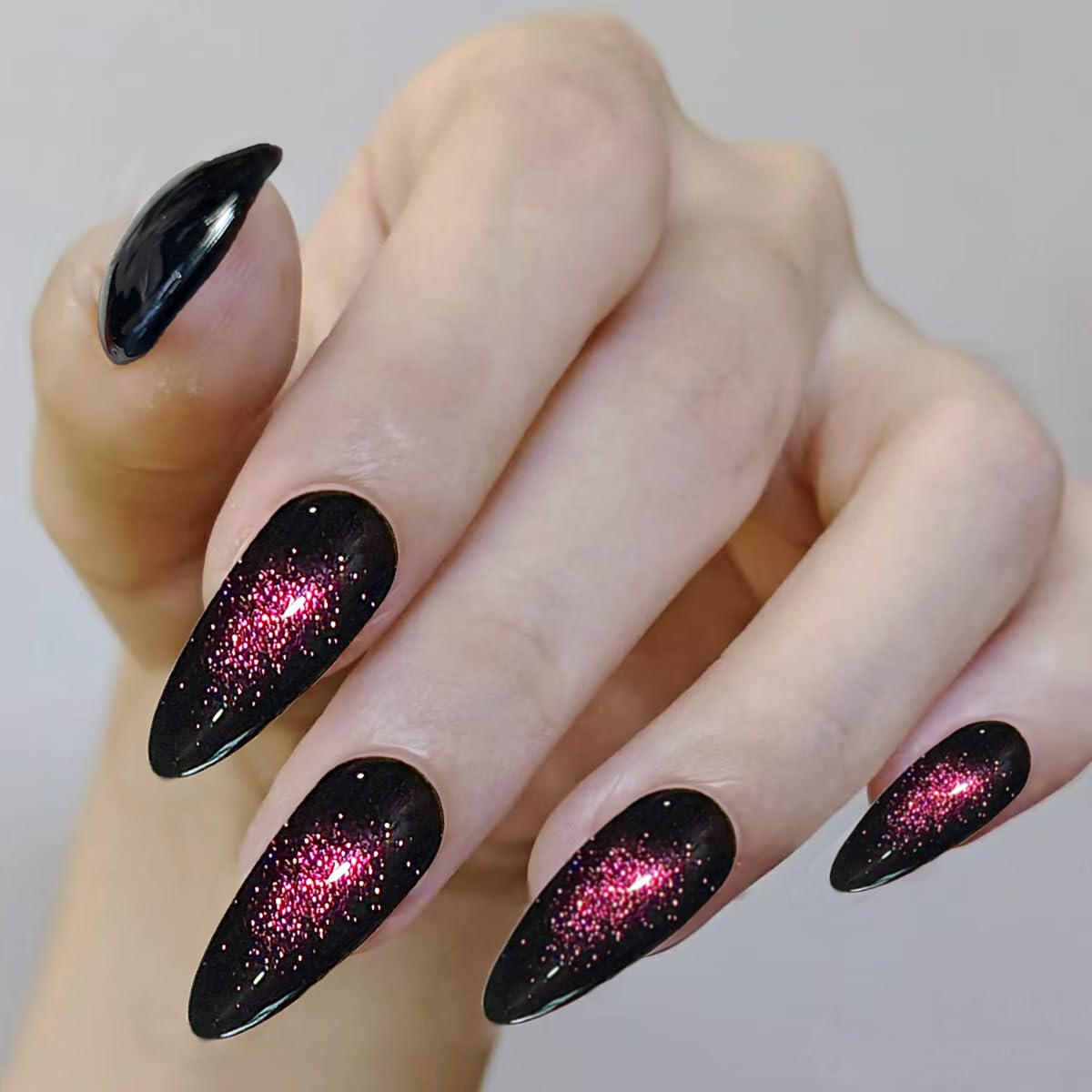Handmade Holographic Cat Eye Press on Nails Medium Almond-Dark Fake Nails Press Ons Chrome Black, Reusable cat eye press on nails (M, 02)