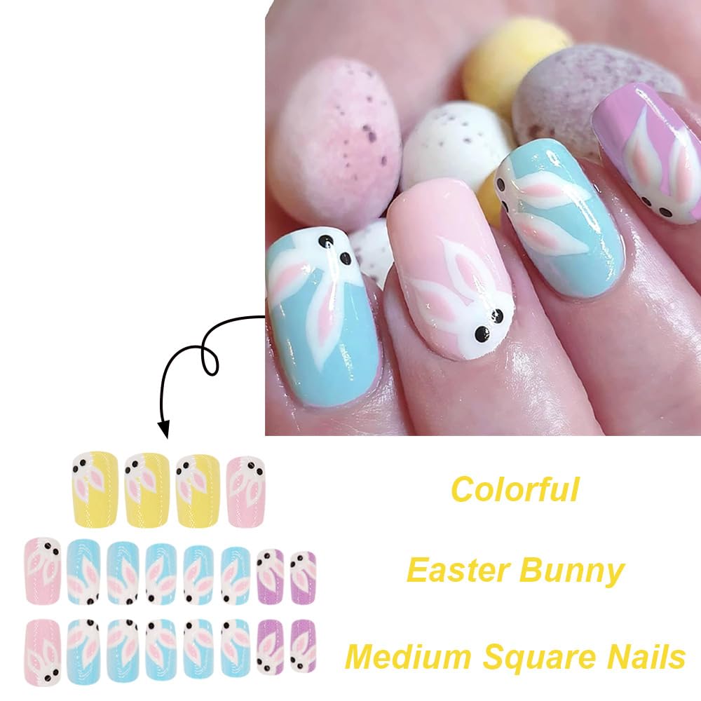 Easter Press on Nails Colorful Short Square Fake Nails with Rabbit Designs Full Cover Glossy Stick on Nails Cute Rabbit False Nails Easter Glue on Nails for Women and Girls Manicure Kit