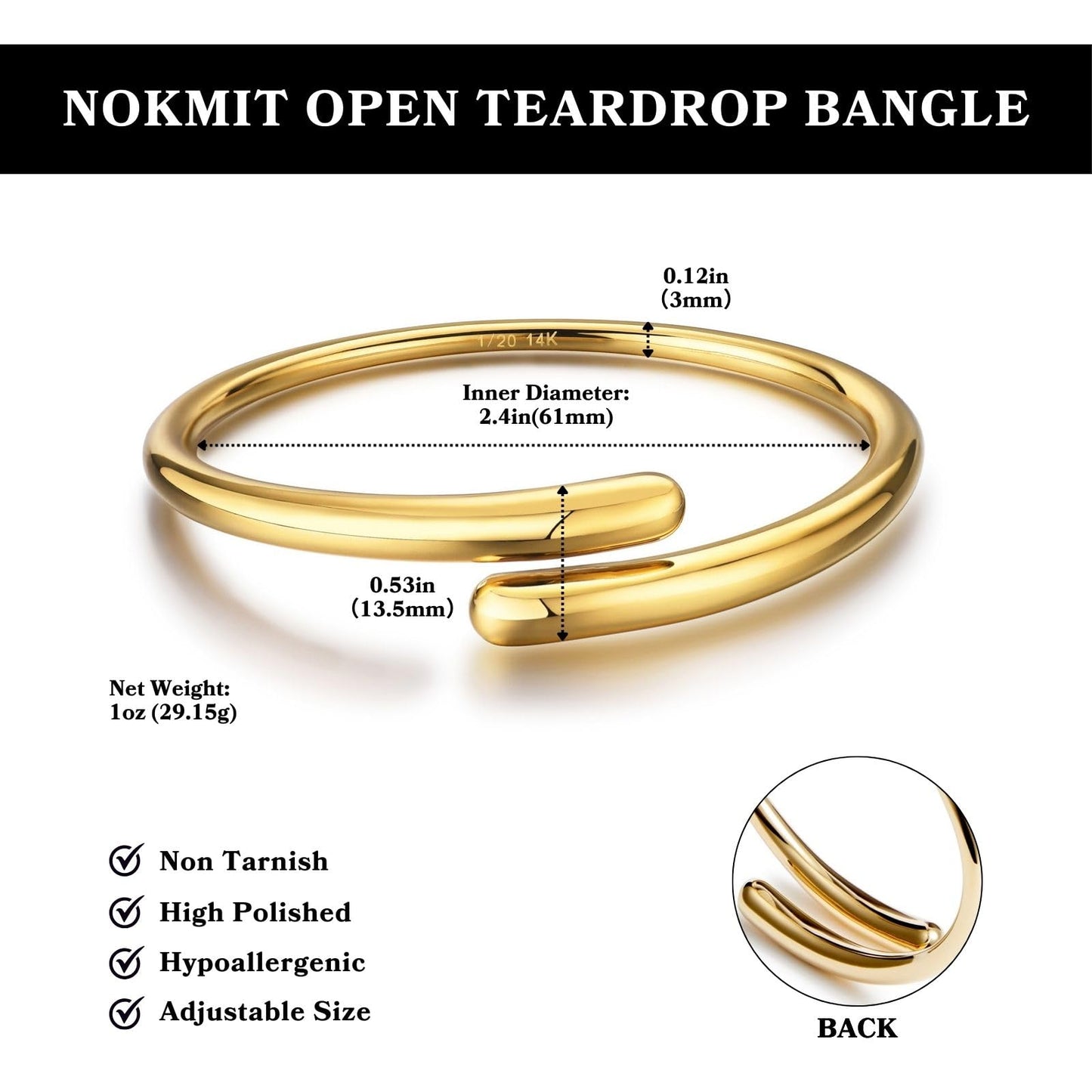 NOKMIT 14K Gold Filled Cuff Bracelets for Women Bypass Teardrop Adjustable Wrap Open Bangle Bracelet Simple Minimalist Statement Stackable Bracelets High Polished Smooth (Gold)