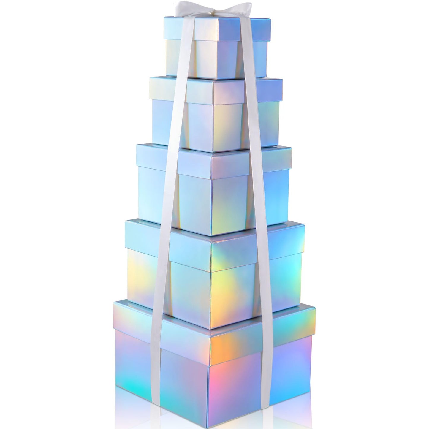 Fulmoon 5 Pack Holographic Silver Square Nesting Gift Boxes with Lids Set Assorted Sizes 8in 7in 6in 5in 4in with Ribbon for Wedding Graduation Birthday Presents Keepsake