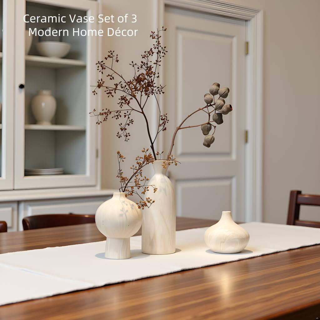 SincereLuxe White Ceramic Vase Set of 3 in Beige, Modern Aesthetic Stone-Look Textured Pottery Vases for Shelf & Bookshelf Home Decor, Neutral Minimalist Decorative Vases for Flowers & Pampas Grass