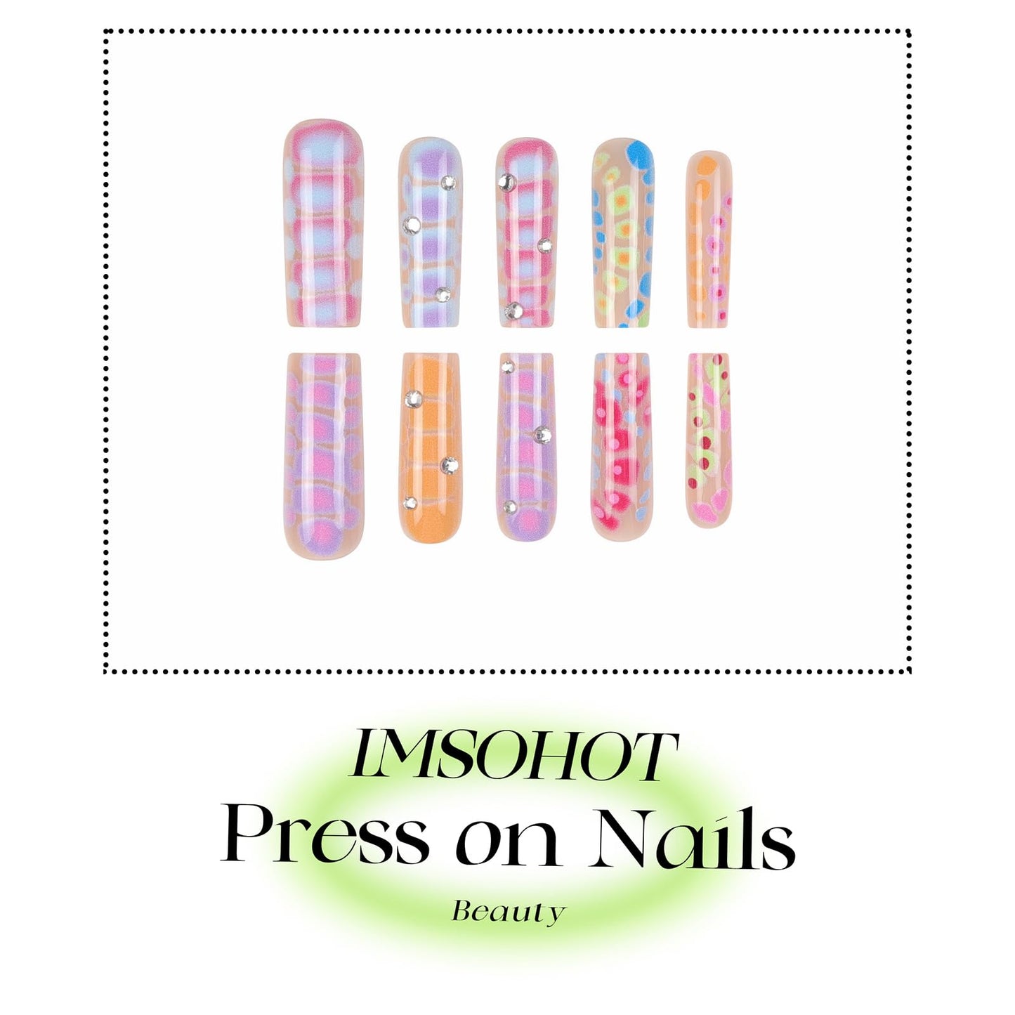 IMSOHOT Press on Nails Long Square Fake Nails Colorful Crocodile Print False Nails with Rhinestone Design Glossy Full Cover Artificial Acrylic Stick on Nails Nail Art