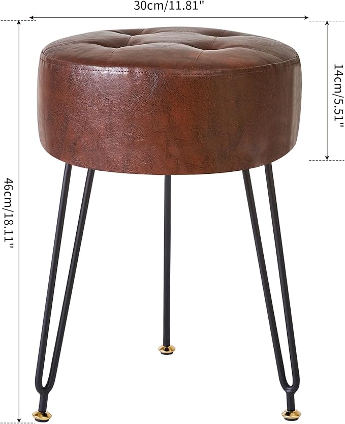 IBUYKE Faux Leather Round Footrest Stool, Makeup Vanity Stool Side Table, PU Dressing Table Seat, Pouf Couch Stool, Golden Steel Legs, Dark Brown LG-31Z