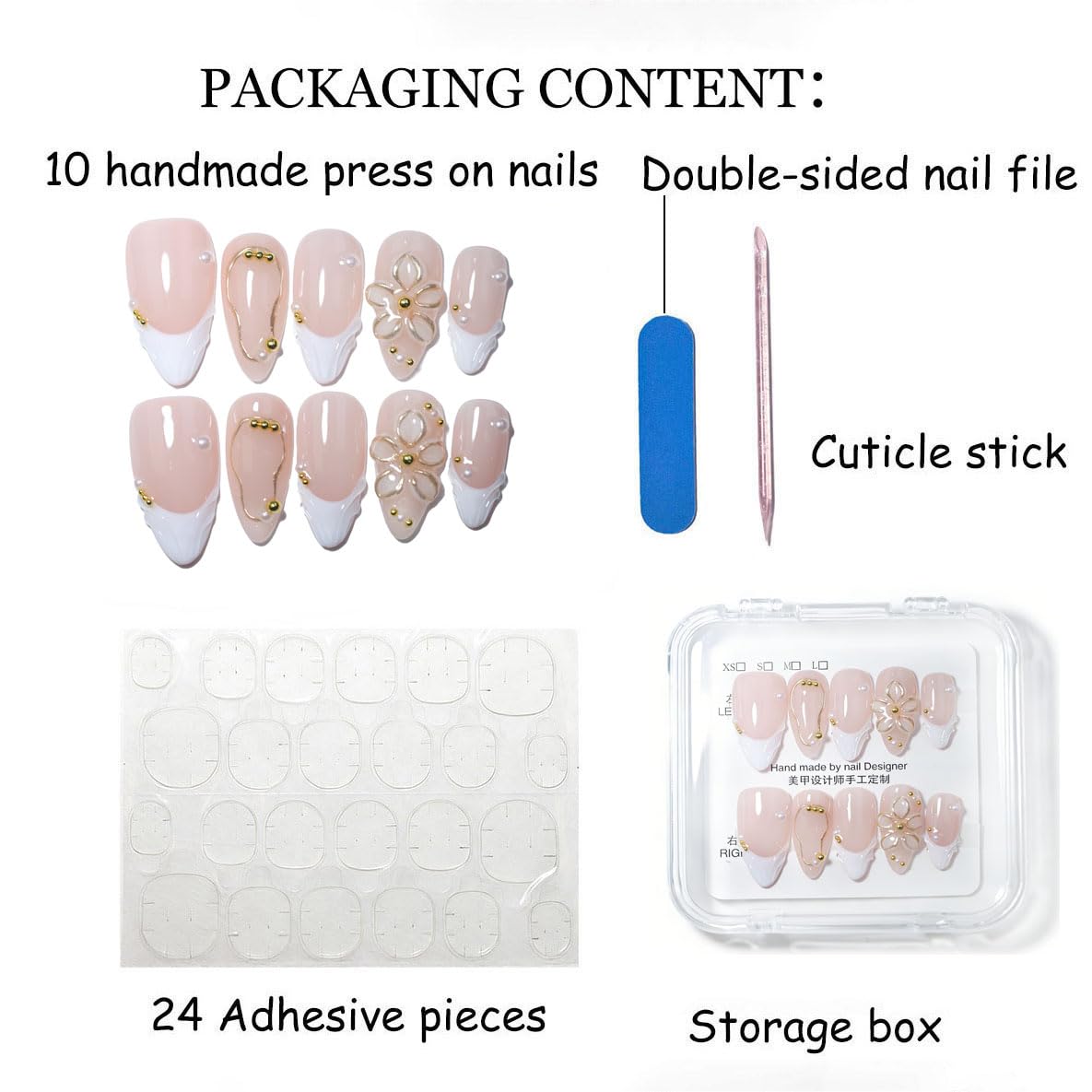 10Pcs Medium Almond Handmade Press On Nails | Easy Apply & Remove, Reusable Salon Quality Nails | Elegant Nude Fake Nails with 3D Floral, Wave French Tip & Pearl Gold Bead Accents(5U13, M)