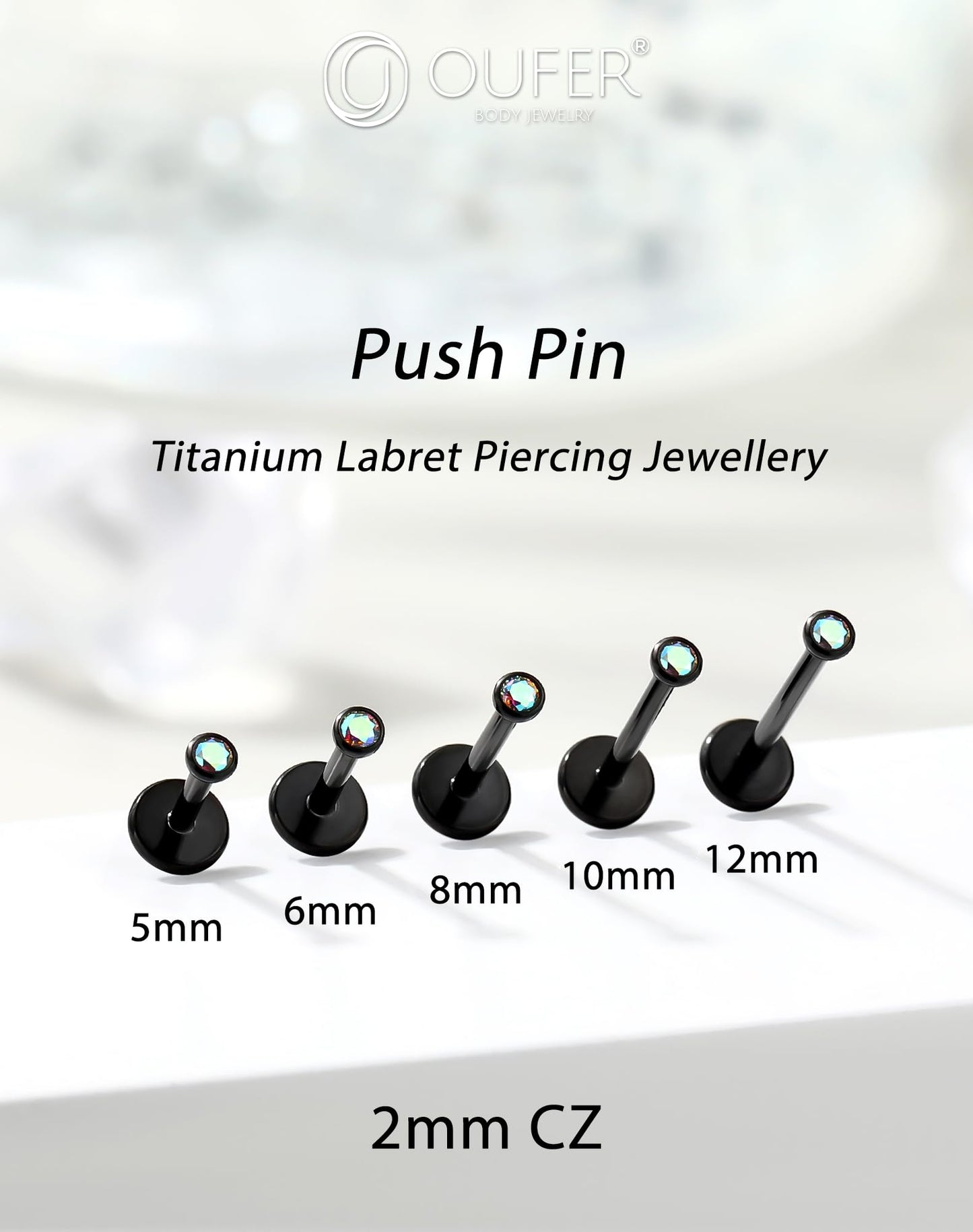 OUFER 2Pcs Black AB Nose Studs, 18G G23 Solid Titanium Threadless Stud Earrings Flat Back Tiny CZ 2MM Nose Helix Cartilage Tragus Conch Piercing Jewelry-6MM