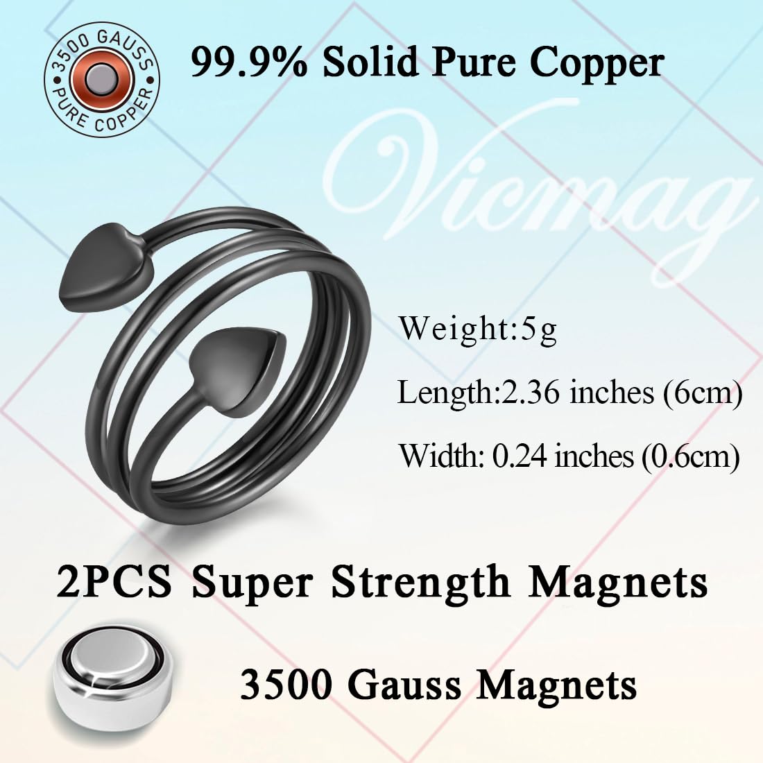 Vicmag Copper Magnetic Ring for Women Ring Ladies Fingers Thumb 99.9% Solid Pure Copper Gift 2PCS Adjustable (Black Heart)