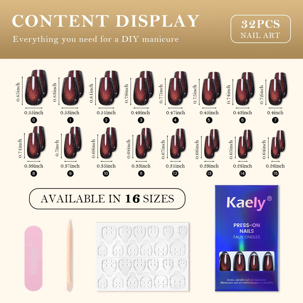 evpct Reddish Brown Cat Eye Coffin Press on Nails Medium Square No Glue, Medium Square Stick on Nails for Women Gift, Wine Red Metallic Glitter Glossy Reusable Spring Summer Press on Acrylic Fake Nail