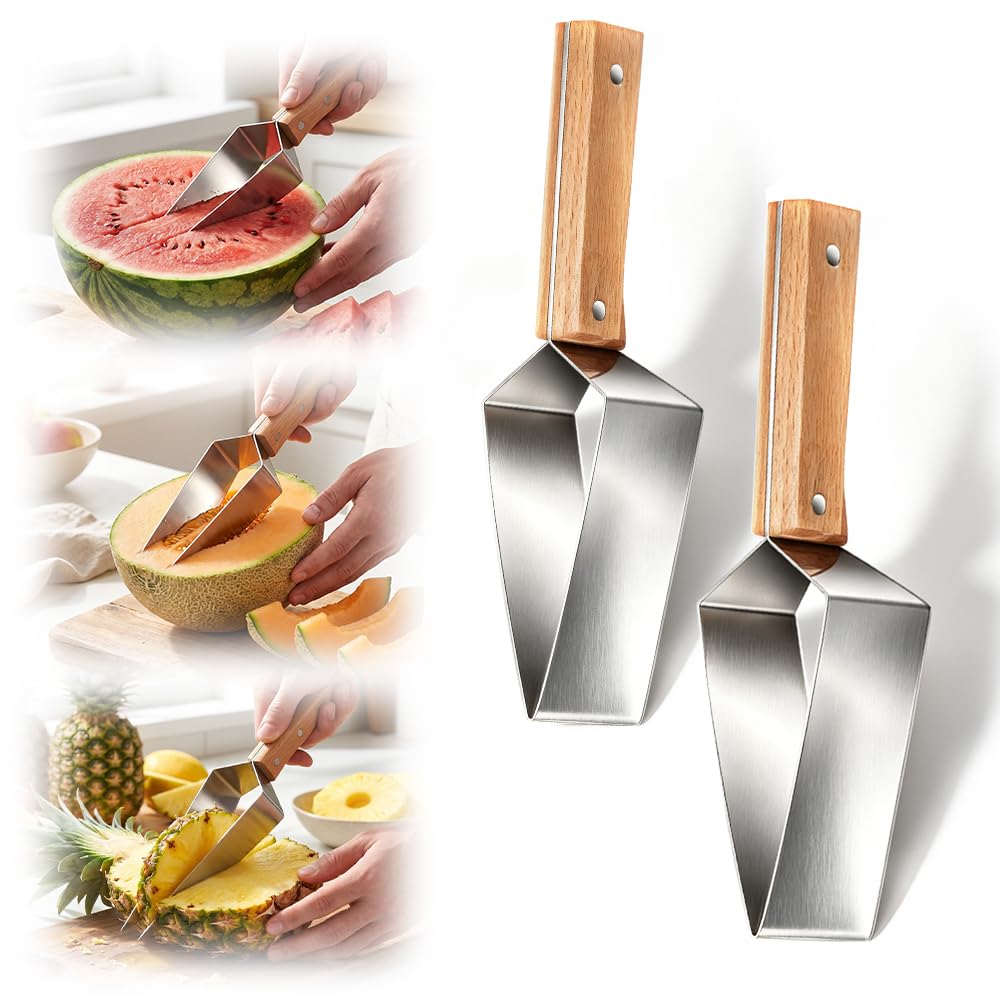 Triangle Watermelon Cutter, 2026 New Watermelon Slicer Cutter Stainless Steel, Multipurpose Melon Slicer Tool with Wooden Handle, Durable Melon Knife for Watermelon and Fruit (2 Piece)