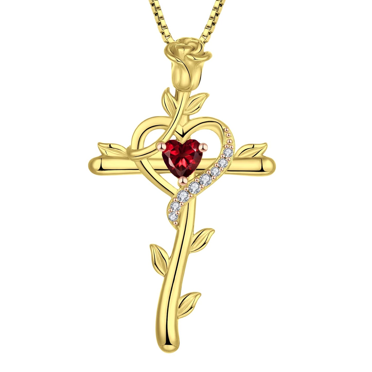 STARCHENIE Rose Cross Necklace, 925 Sterling Silver 14K Gold Plated, Created Ruby Heart Pendant, Crucifix Jewelry Gift for Women