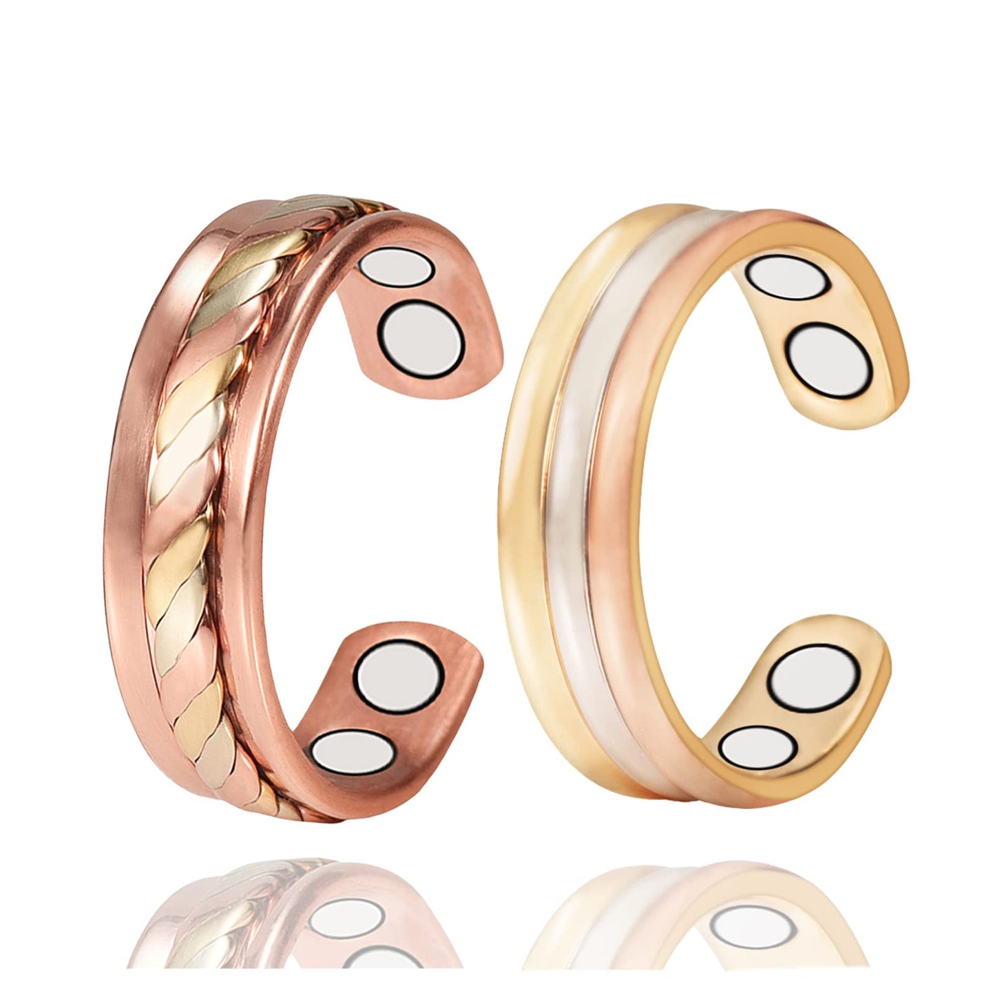 EnerMagiX Copper Rings for Women, 2PCS Adjustable Tricolor Gold Braid Magnetic Set Ring, 99.9% Solid Copper Jewelry（2PCS）