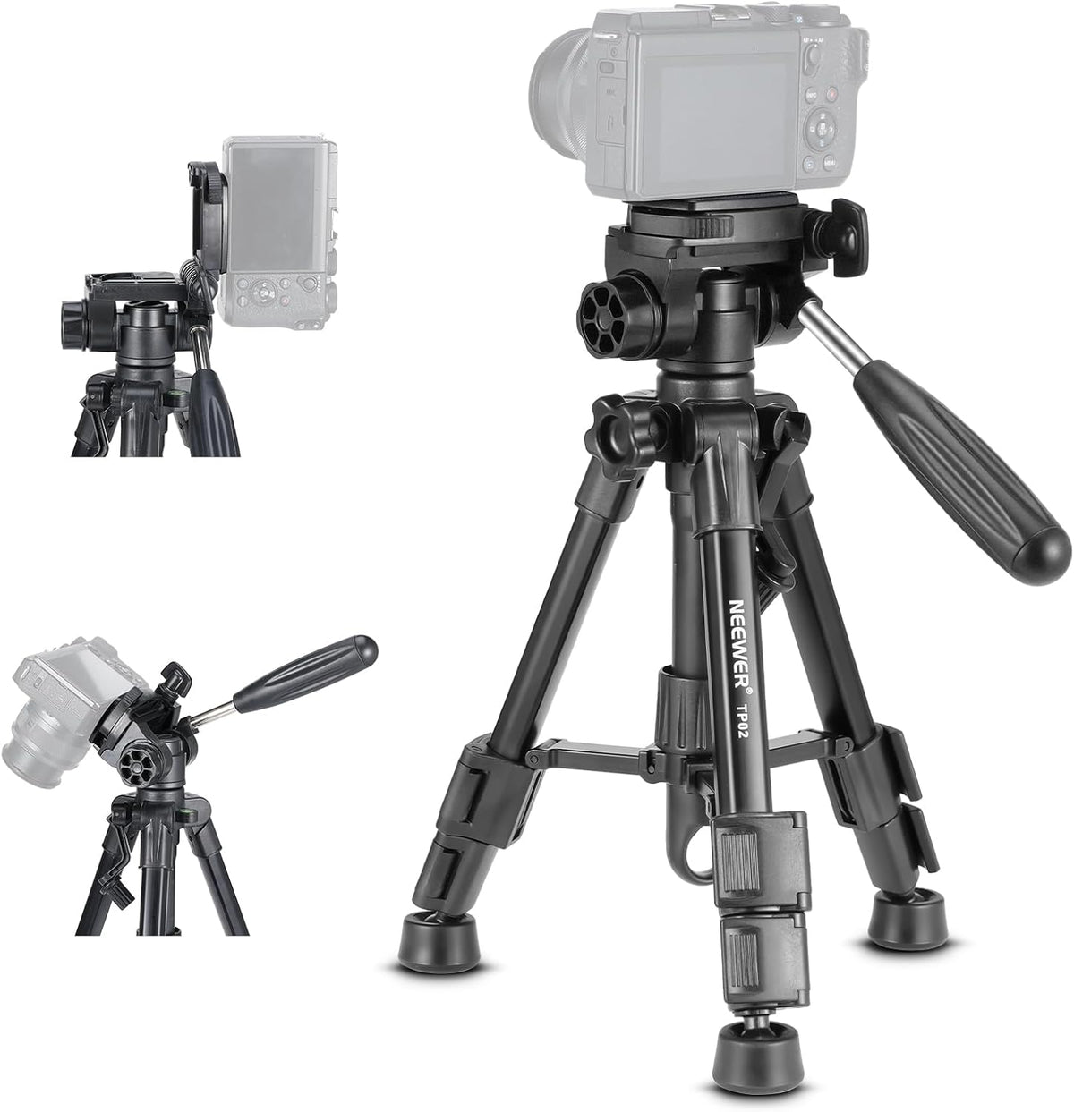 NEEWER Basic Mini Desk Tripod for Camera with 3 Way Pan Tilt Head & Handle, Small Portable Metal Tabletop Selfie Stick Stand with 1/4" Screw for DSLR Vlog Video Recording, Max Load 13.2lb, TP02