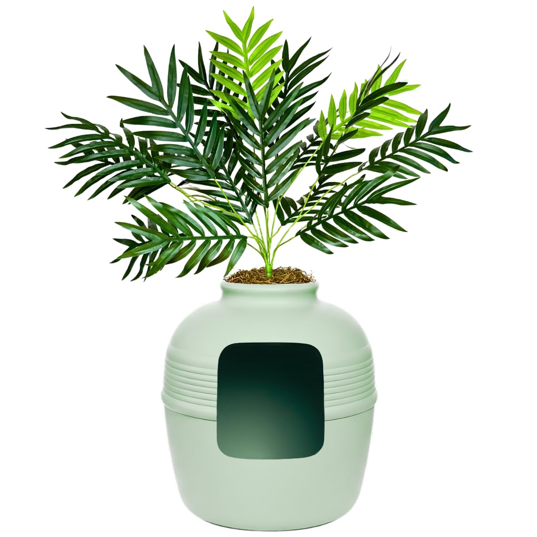 Good Pet Stuff Original Hidden Litter Box Planter, Decorative Cat Litter Enclosure with Carbon Filter, Artificial Palm Plant, Upgraded Design, Easy to Clean, Base Kit, White Birch