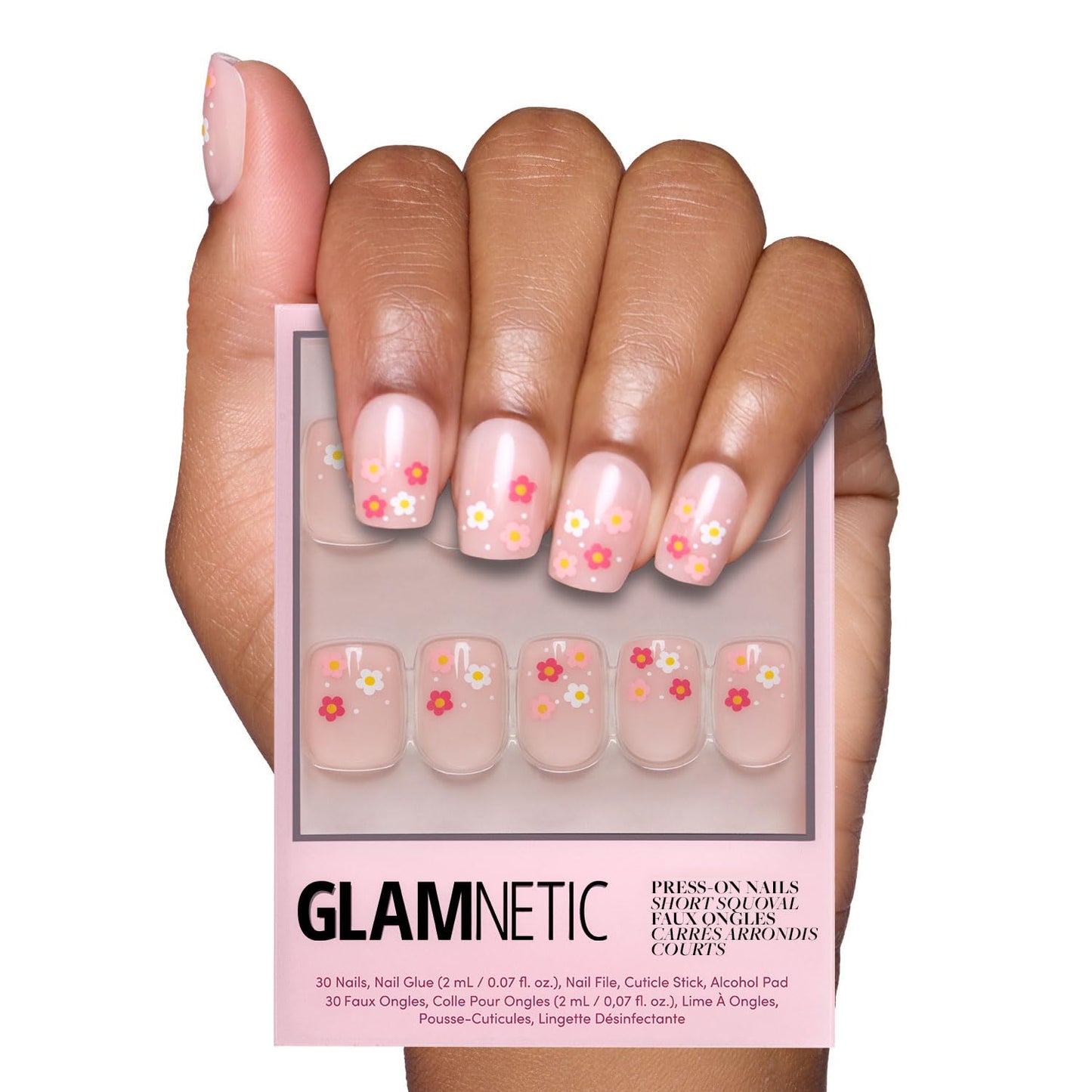 Glamnetic Press On Nails - Pretty Bloom Spring Nails | Glossy, Semi-Transparent Short Squoval Fake Nails with Flower Accents, Salon Quality | 15 Sizes - 30 Nail Kit with Glue