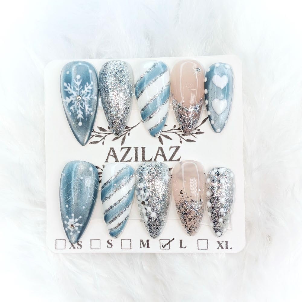 Azilaz Press On Nails, White and Blue Snowflake Design, Medium Stiletto Shape, 10-Piece Set,Handmade Christmas Collection,(Extra Small)