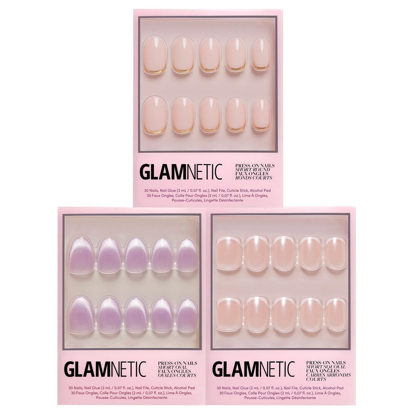 Glamnetic Press-On Nails Bundle - Fairy Dust, La Perle, Goal Digger| Beige-Pink Oval | Squoval White French Tips | Glossy, Semi-Transparent Short Round | Reusable Nail Kits