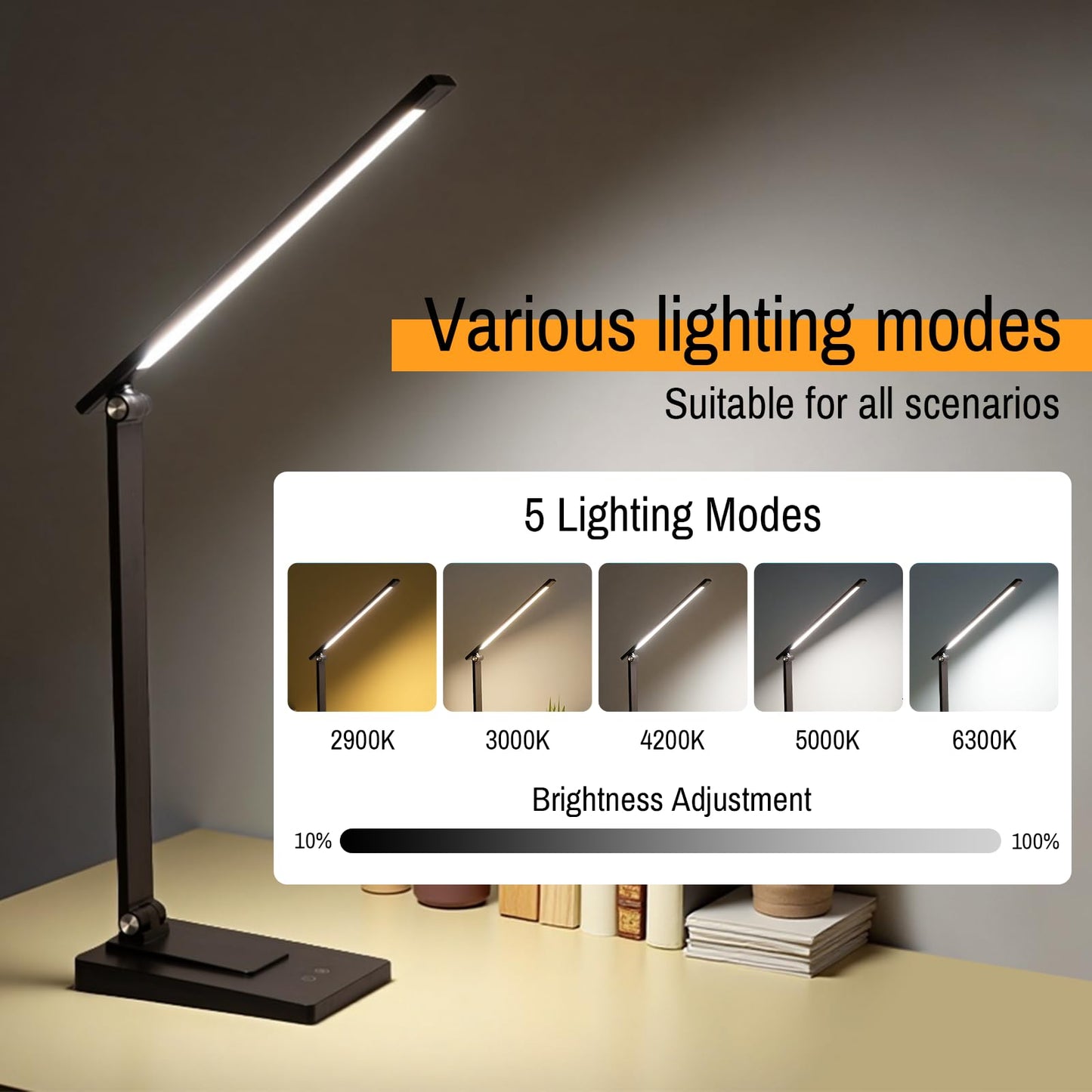 ErayLife Rechargeable LED Desk Lamp, 800LM 2600mAh Reading Table Lamp, 5 Color Modes 5 Brightness Touch LED Desk Lamps, Bedside Lamp with USB Charging Port for Study Home Office Nail, Black
