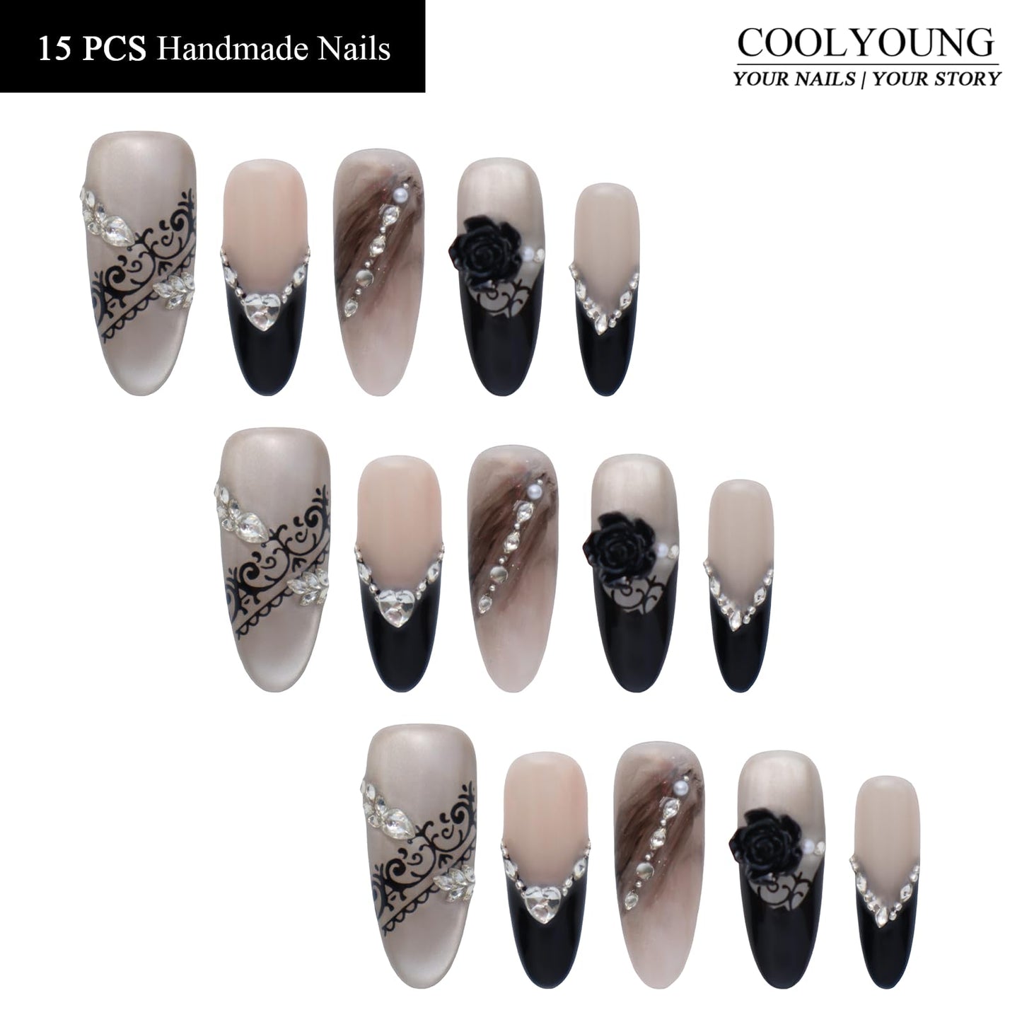 Press On Acrylic Almond Nails Medium Handmade Nails Black Gifts For Women Press On French Tip Nails with False Nails, 15 PCS, Size S