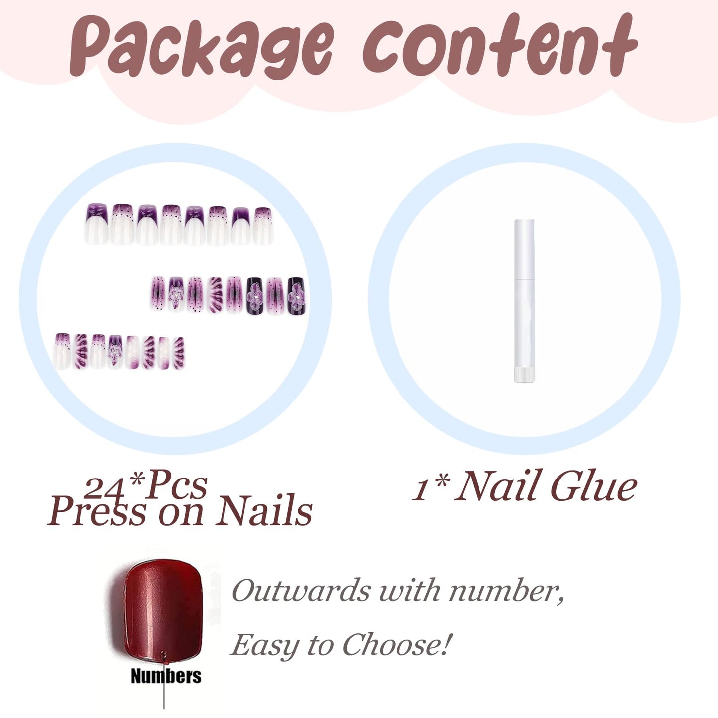 BABALAL Press On Nails, Long Square Fake Nails, Purple Ombre With 3d Floral & Polka Dot, Glossy Full Cover Glue On Nails For Women And Girls 24Pcs