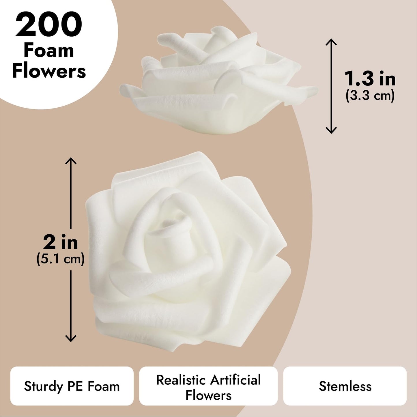 Bright Creations Fake Foam Flower Heads - 2-Inch White Stemless, 200 Pack - Artificial Flowers Bulk for Crafts & Decor