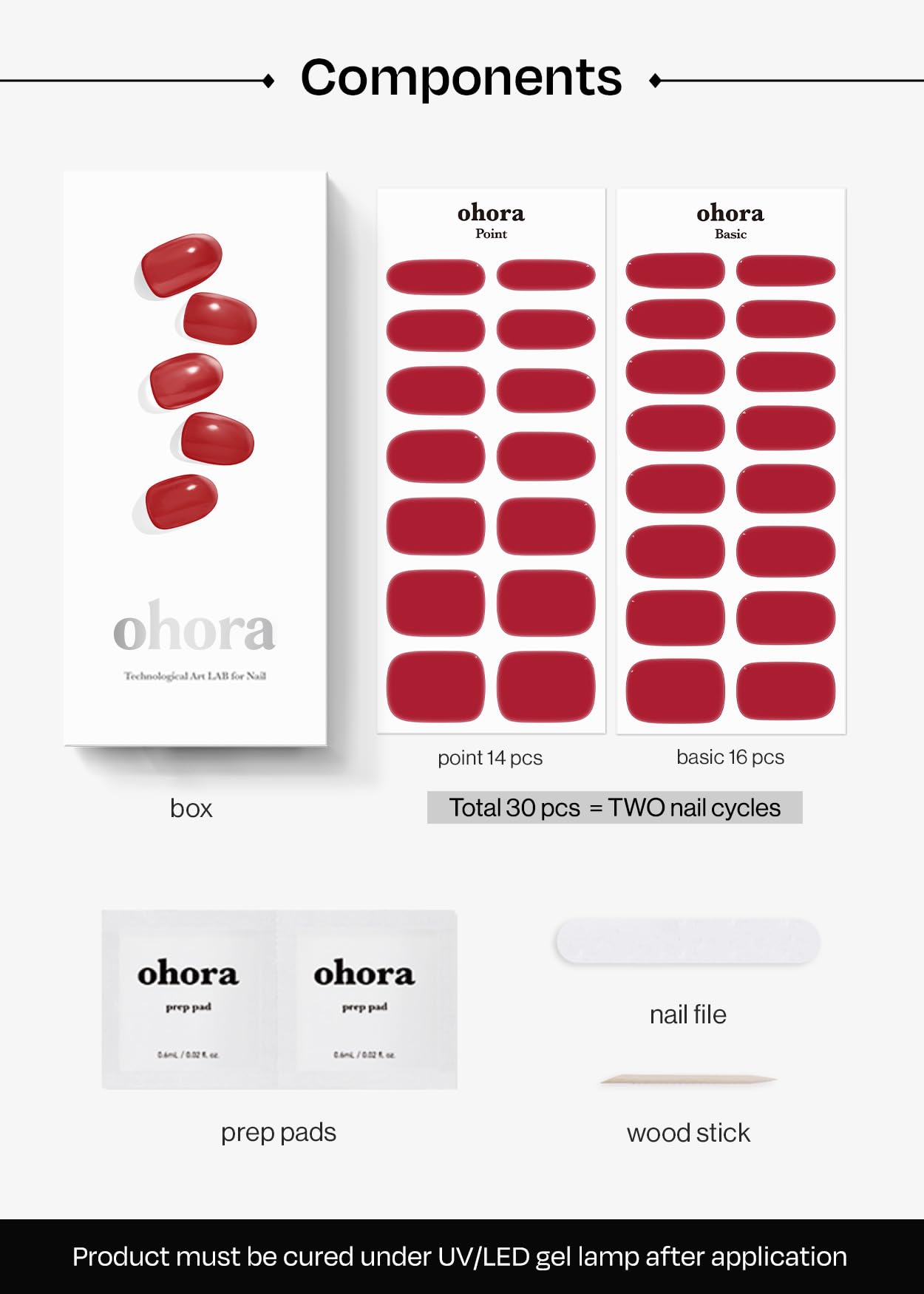 ohora Semi Cured Gel Nail Strips (N Red Light) - Red, Solid, Works with Any UV/LED Lamps, Salon-Quality, Long Lasting, Easy to Apply & Remove - Includes 2 Prep Pads, Nail File & Wooden Stick