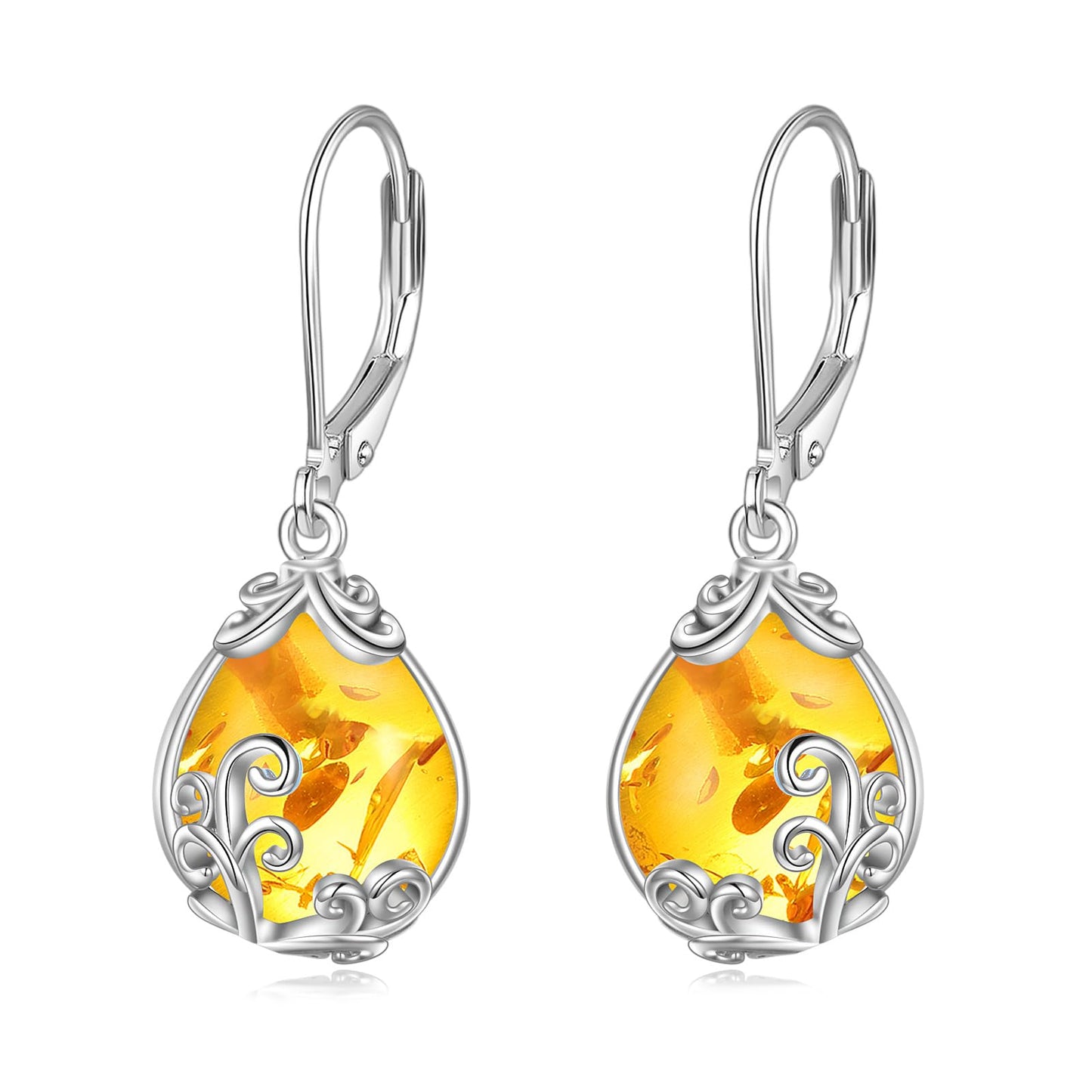 POPLYKE Amber Filigree Teardrop Drop Dangle Earrings Sterling Silver Leverback Earrings Jewelry for Women