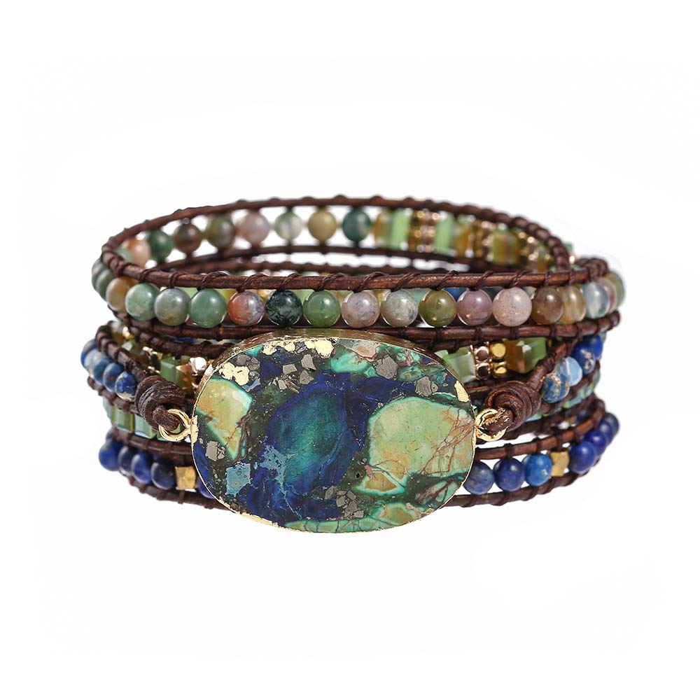 Plumiss Boho Handmade Imperial Jasper Green Blue Stone Hematite Mixed Leather Wrap Bracelets for Men Women