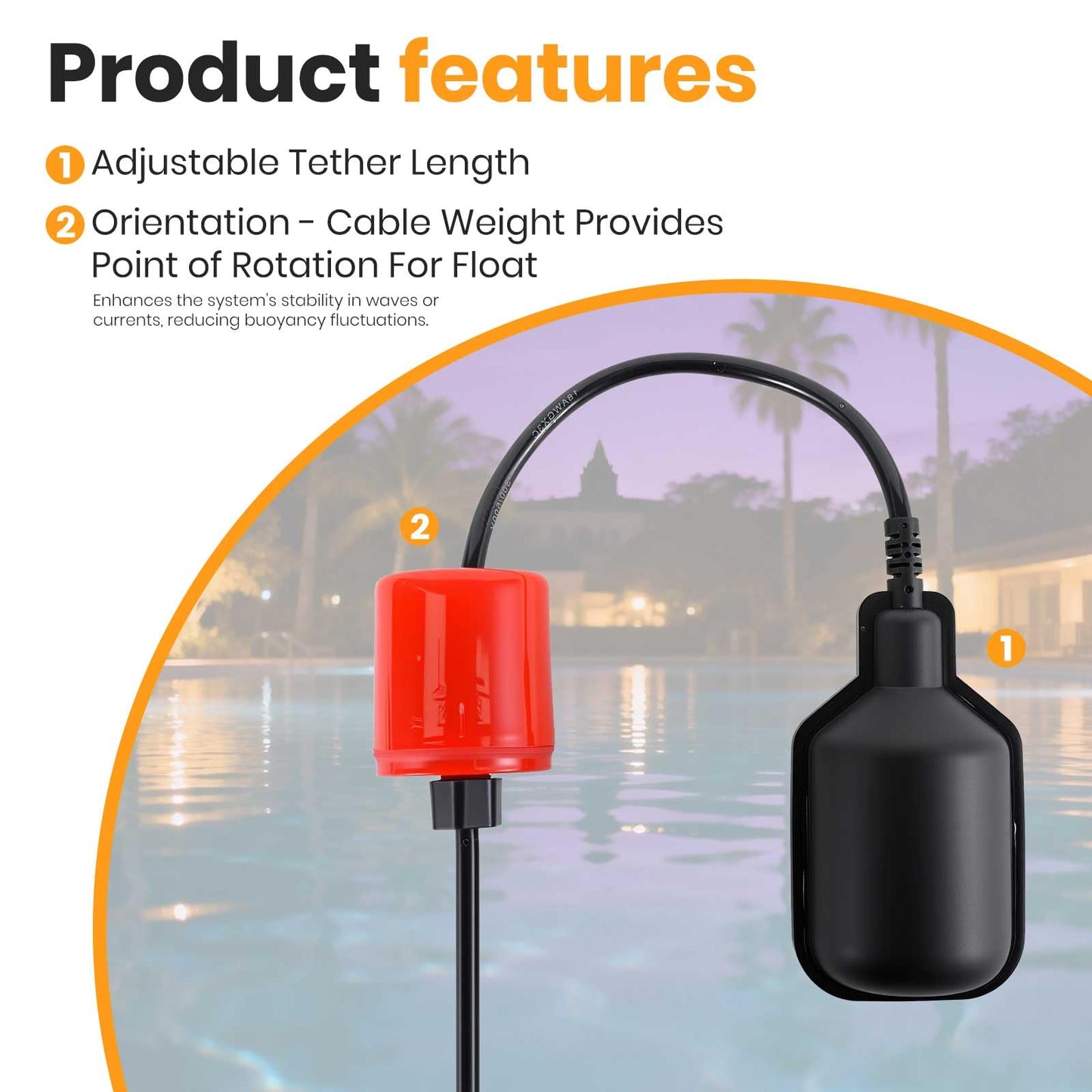 Float Switch (Plugless) IP68-Rated Automatic Water Level Controller,Automatic Level Sensor for Tanks,Septic Tanks, and Sewage Systems, with Counterweight,Non-Corrosive PP Casing(13-Ft)