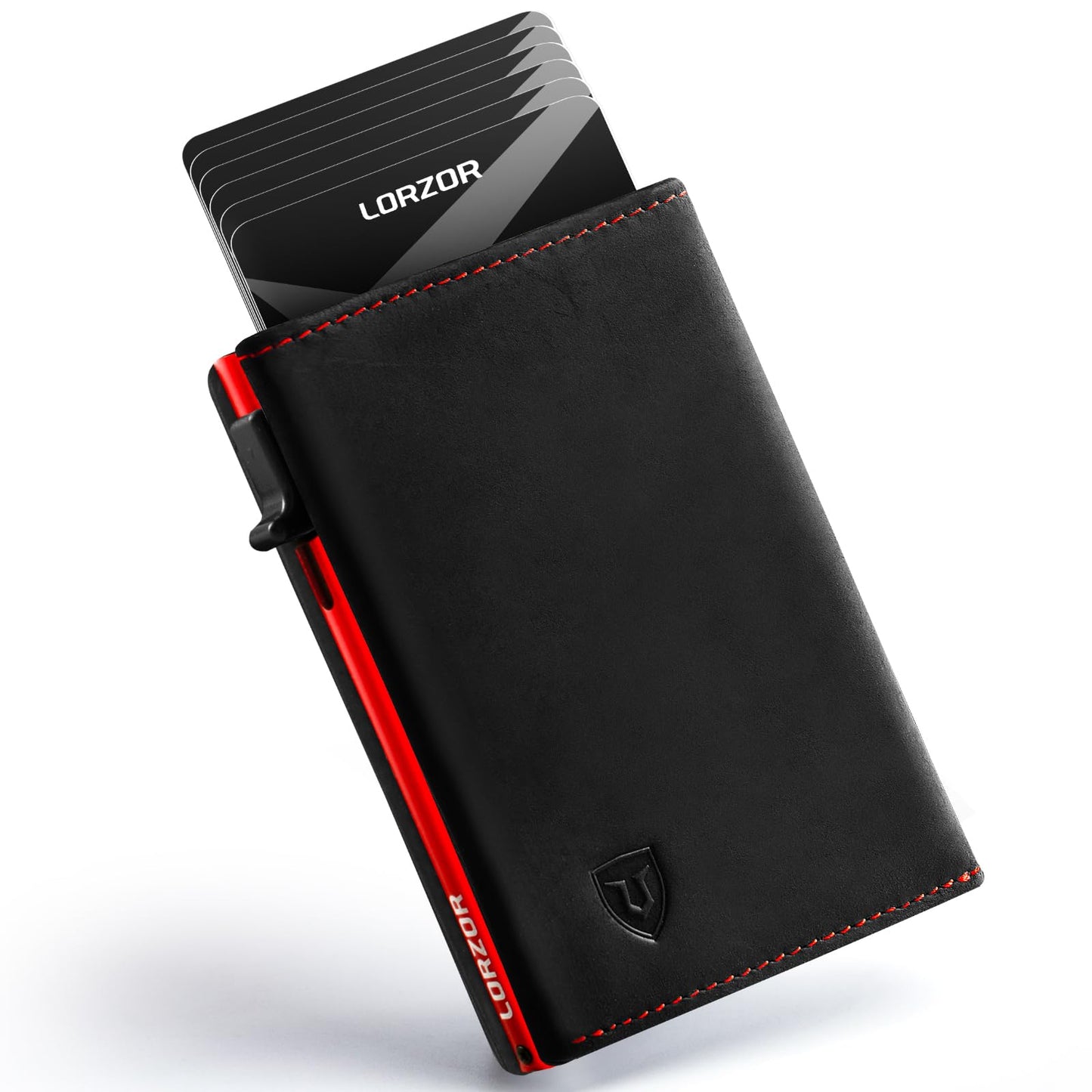 LORZOR Wallet for Men with Metal Card Holder, Pop Up Wallet, Finest Full Grain Leather Trifold Wallet, Smart, Minimalist, RFID Blocking, Front Pocket, ID Window, Black/Red