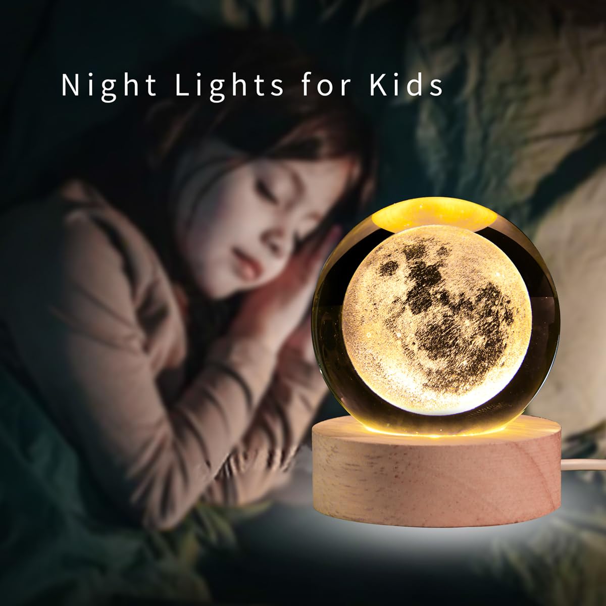3D Moon Crystal Ball with LED Stand, Moon Figurine Decor Glass Sphere Lamp, Space Planet Globe Night Light Gifts for Women Men Mom Kids